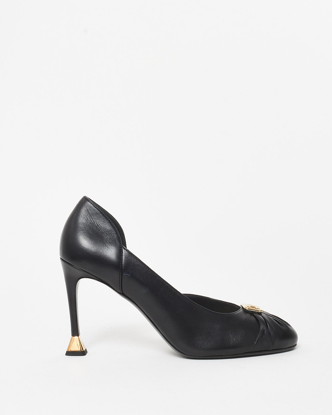 Chanel Black Leather Gold Logo Ruched Toe & Logo Heel Pumps - 41