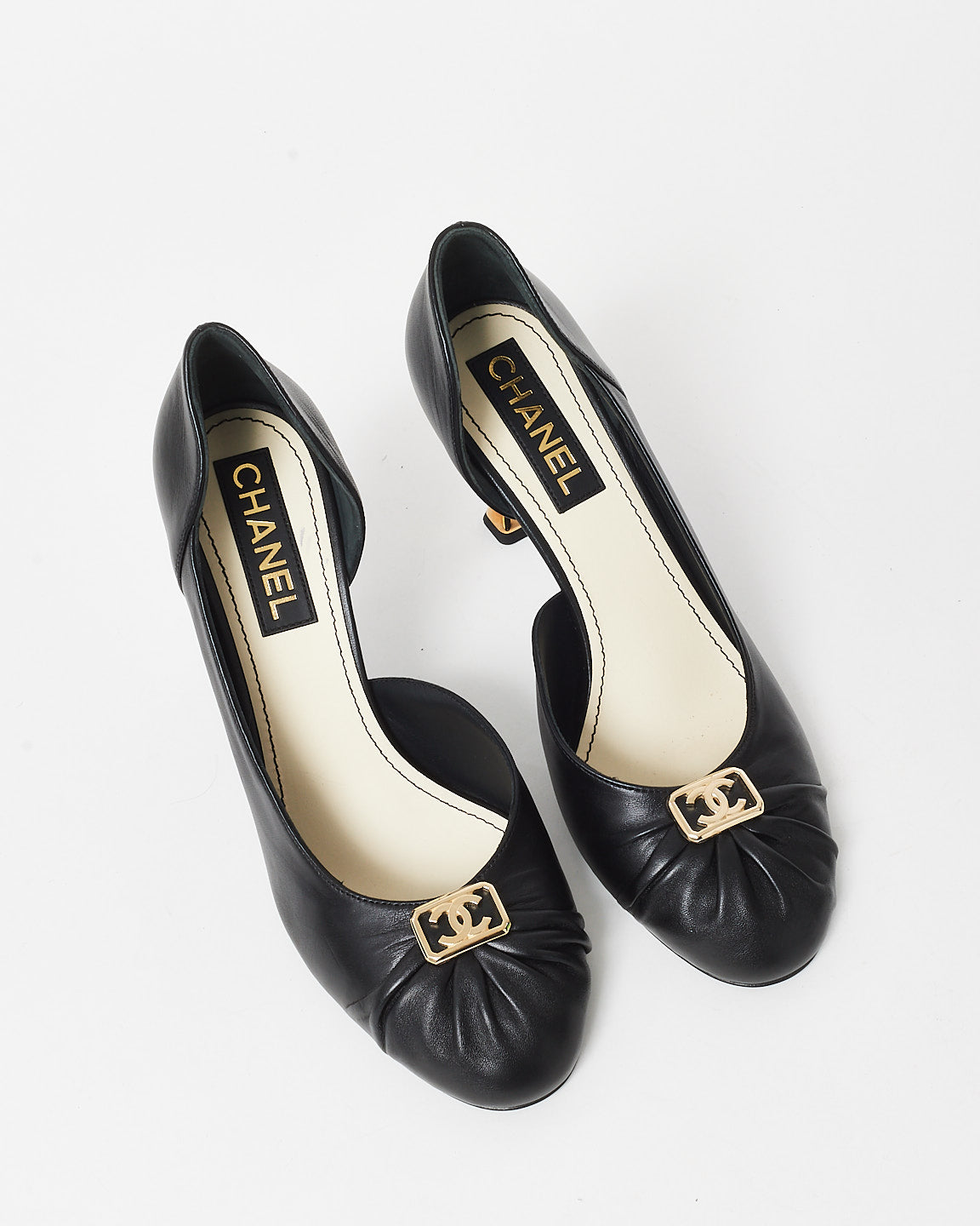 Chanel Black Leather Gold Logo Ruched Toe & Logo Heel Pumps - 41