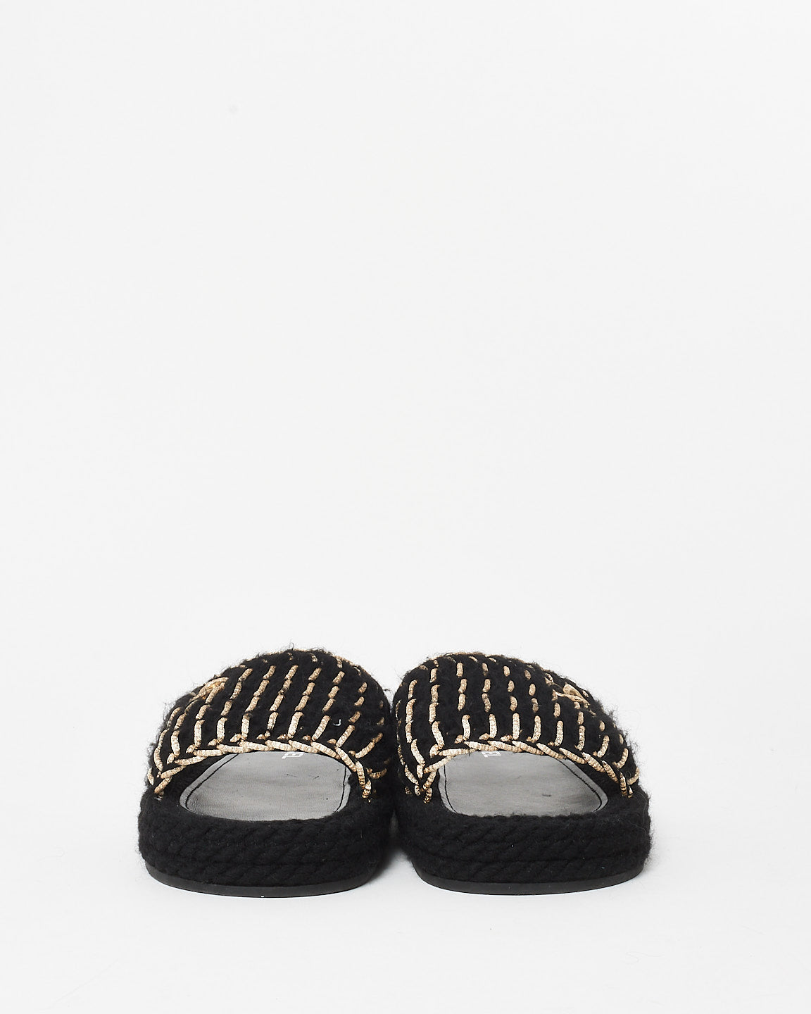 Chanel Black Braided Knit Tweed Metallic Logo Slides - 41