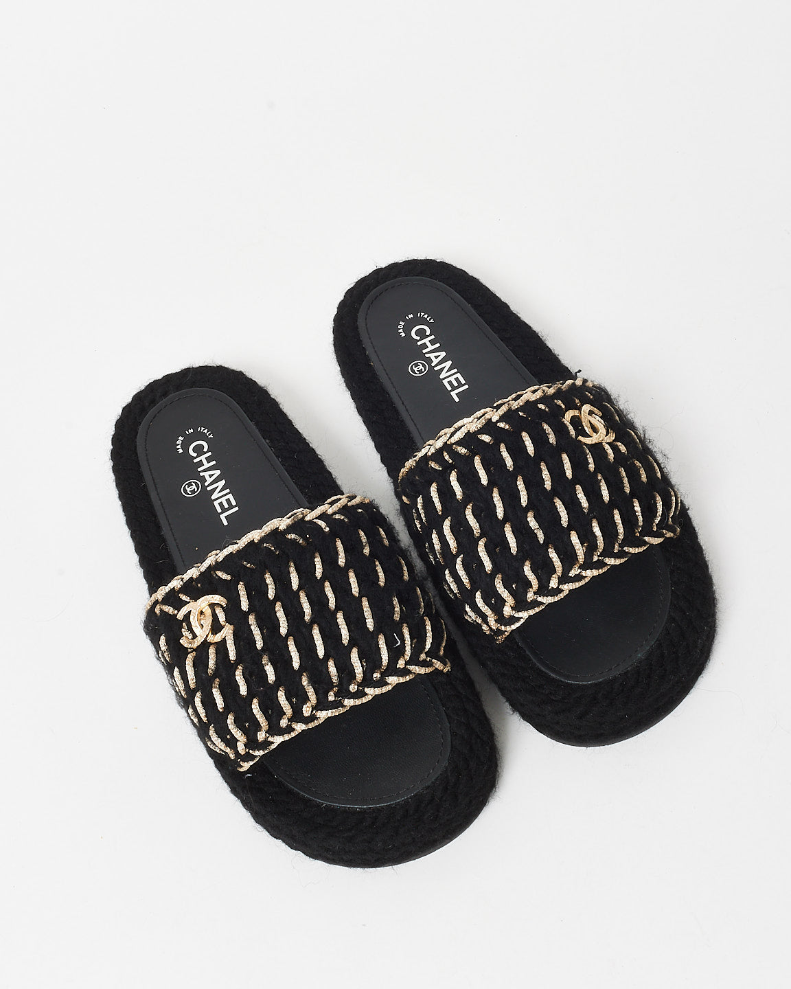 Chanel Black Braided Knit Tweed Metallic Logo Slides - 41