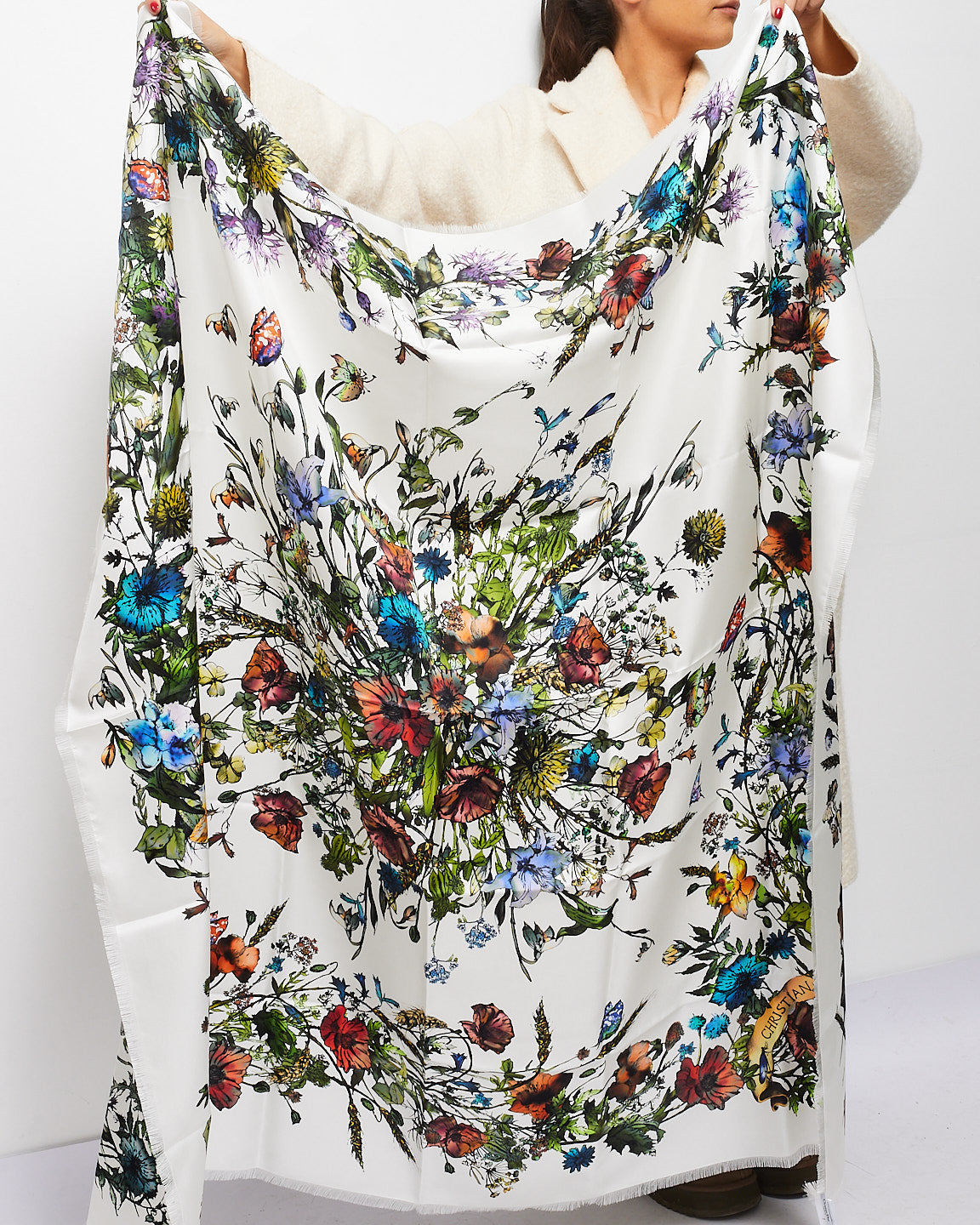 Dior White & Multi Floral Silk D-Millefiori Scarf