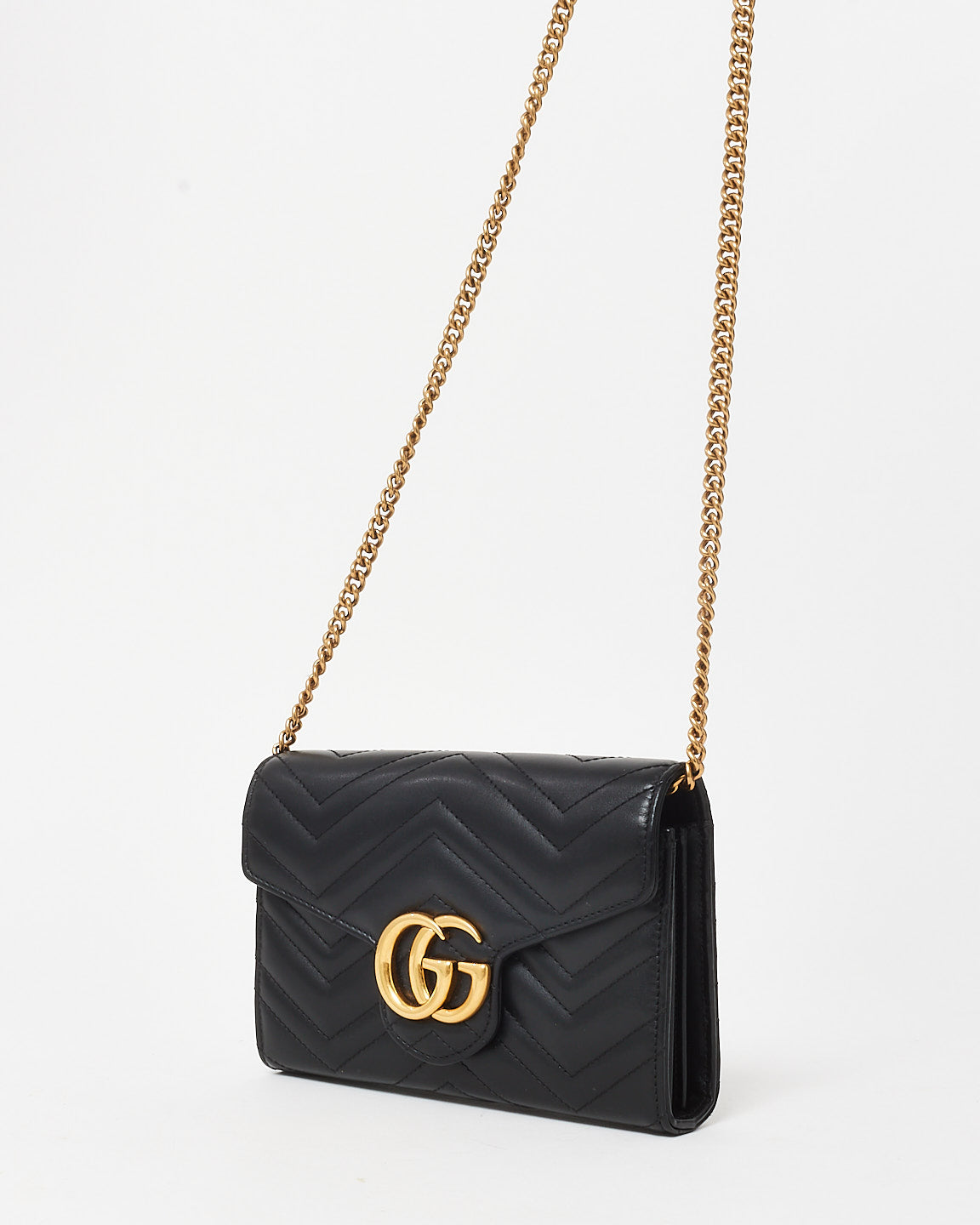 Gucci Black Chevron Leather GG Marmont Wallet On Chain