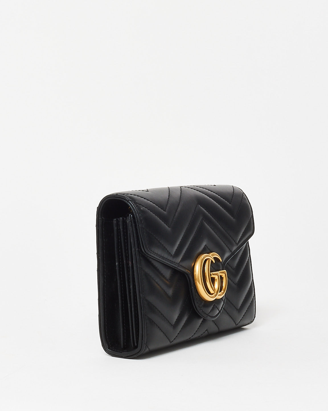 Gucci Black Chevron Leather GG Marmont Wallet On Chain