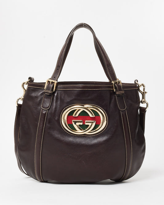 Gucci Vintage Brown Leather Silver GG Logo & Web Shoulder Bag W/ Strap