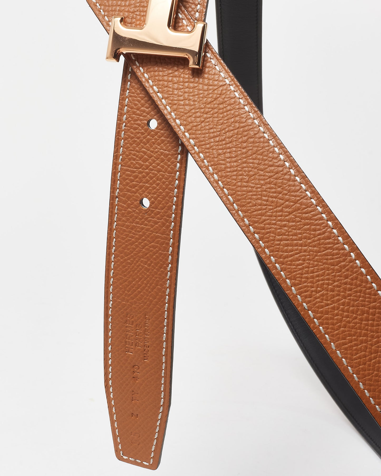 Hermès Black/Gold (Tan) Swift & Epsom Leather Reversible 24MM H Belt RGH - 95