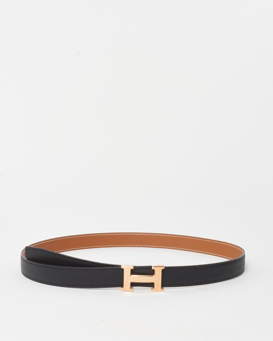 Hermès Black/Gold (Tan) Swift & Epsom Leather Reversible 24MM H Belt RGH - 95