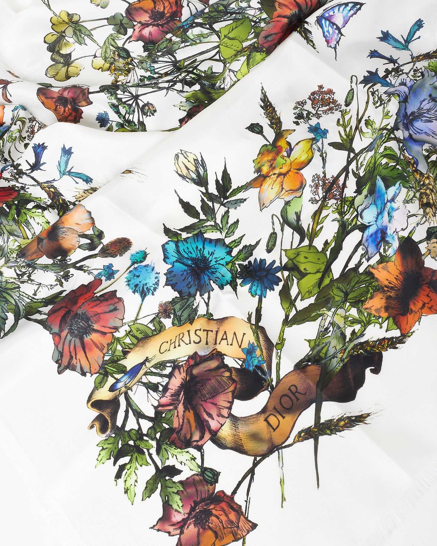 Dior White & Multi Floral Silk D-Millefiori Scarf