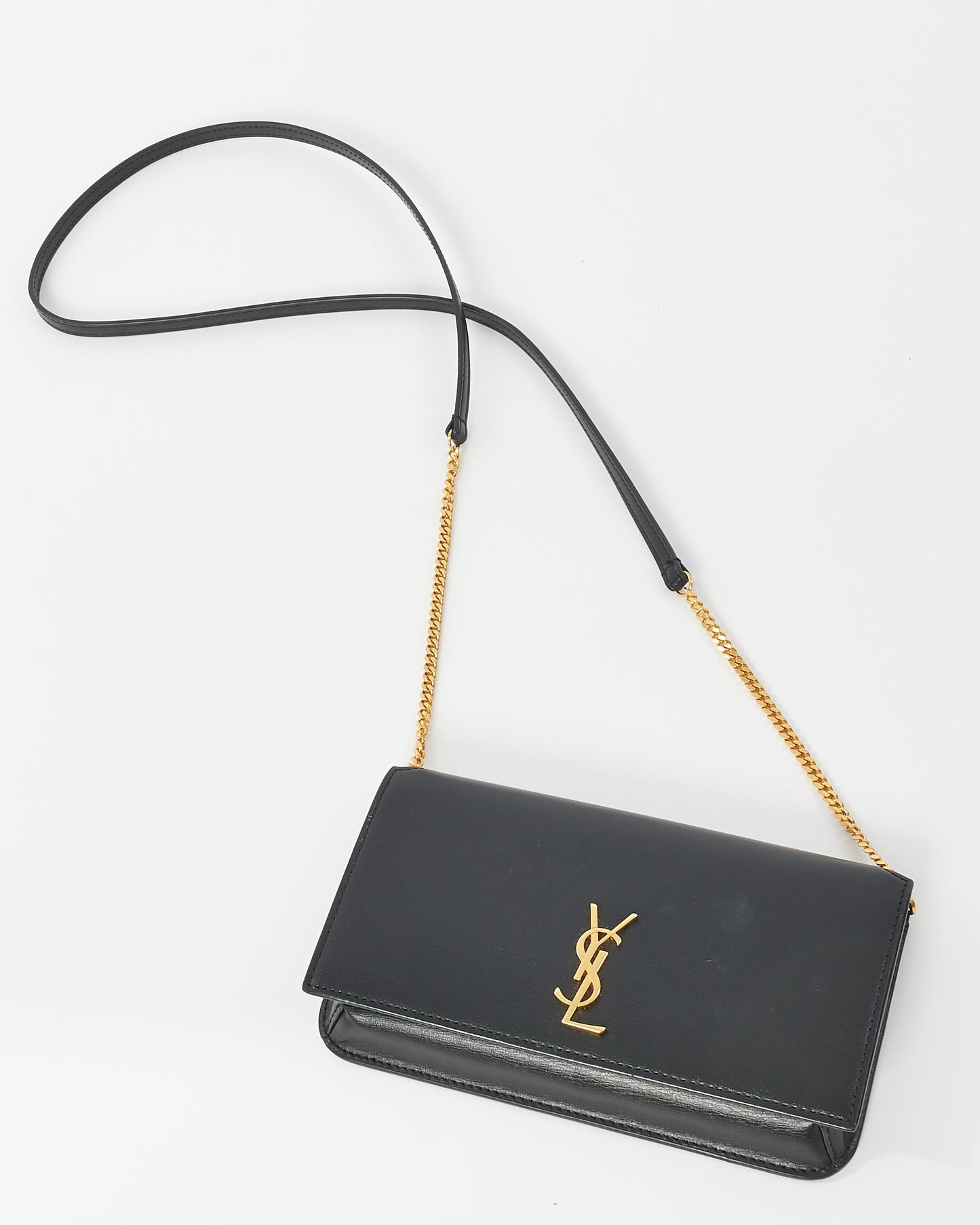 Saint Laurent Black Leather Cassandre Phone Holder Crossbody Bags