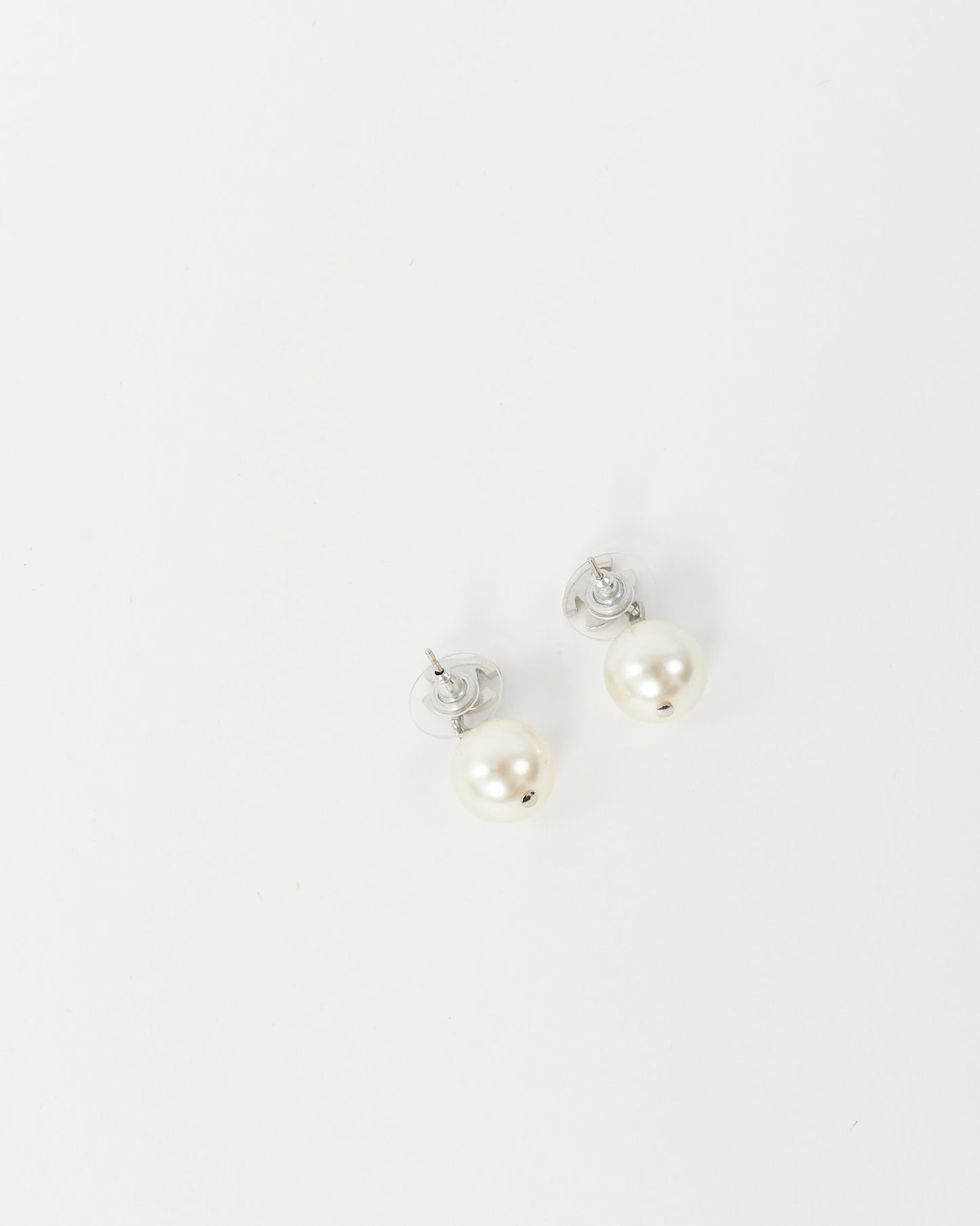 Chanel Silver Pavé Logo Pearl Dangle Earrings