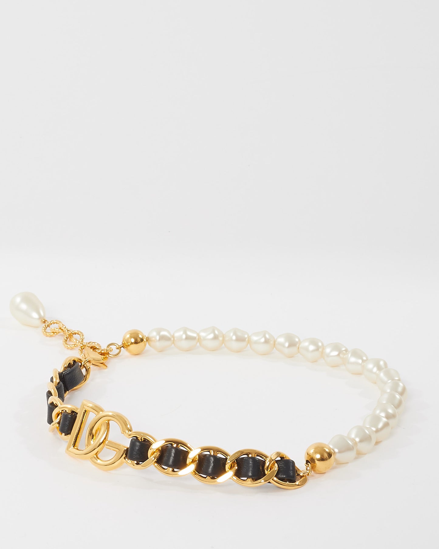 Dolce & Gabbana Gold Leather & Pearl Logo Choker Necklace