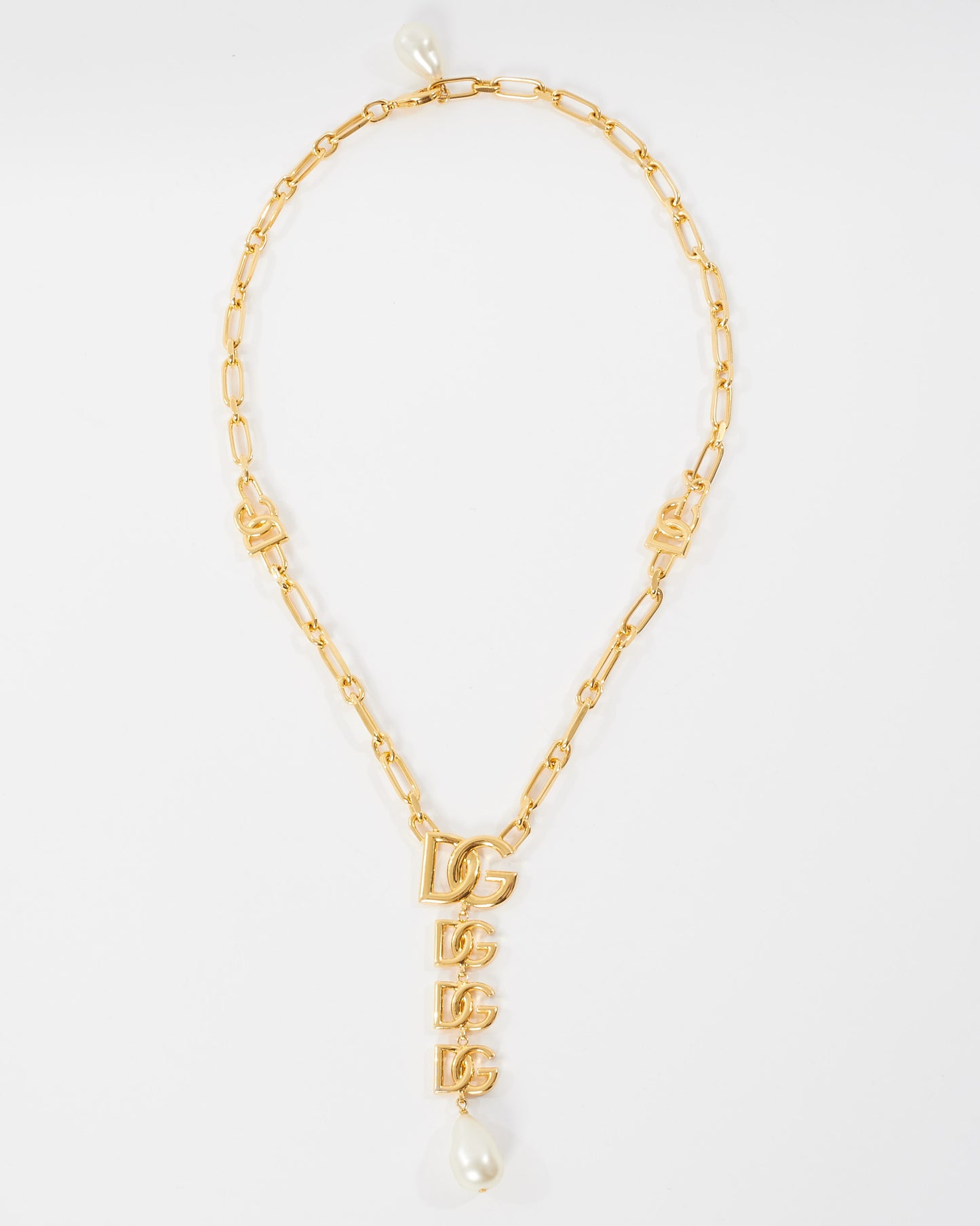 Dolce & Gabbana Gold Logo Pearl Dandle Long Necklace