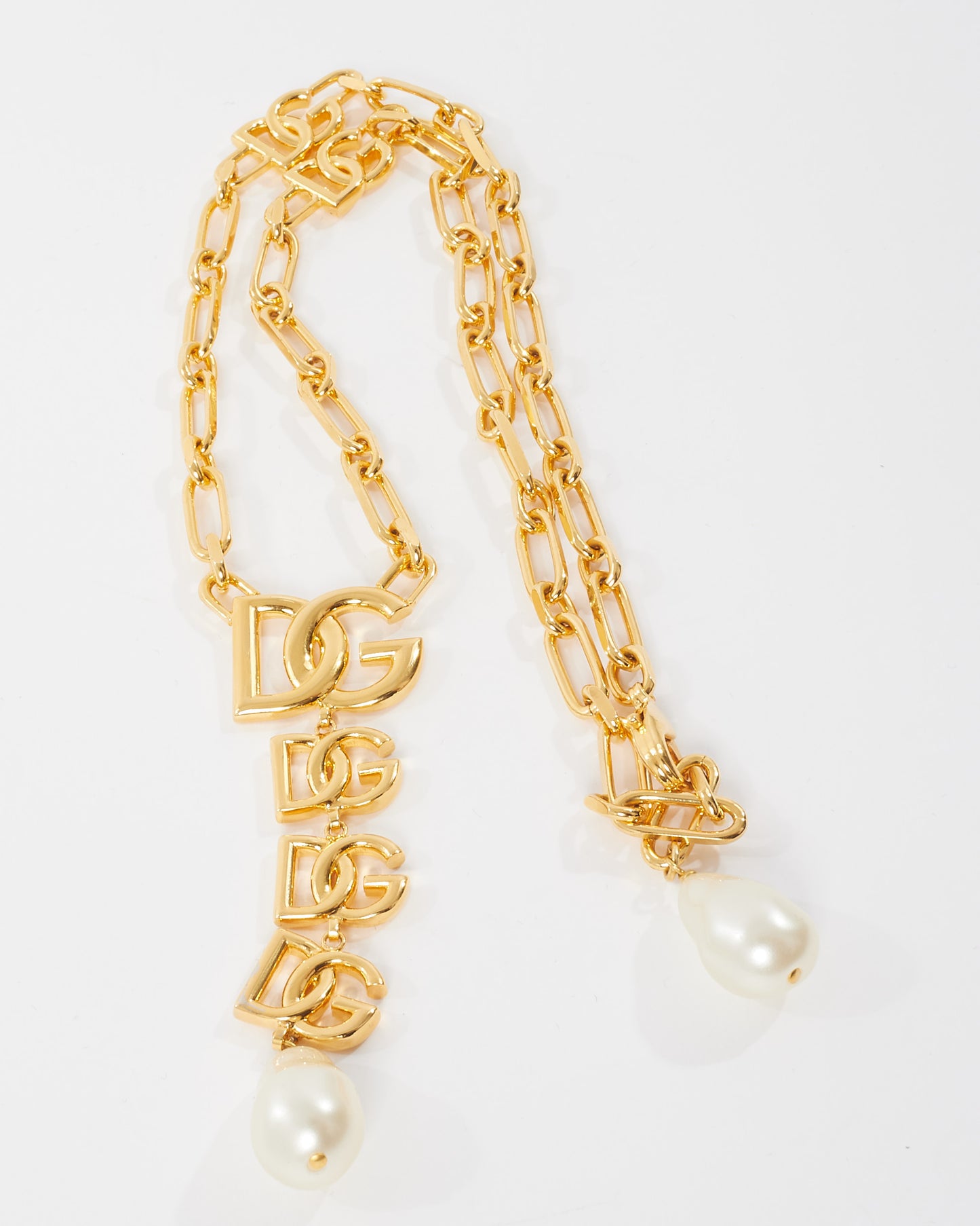 Dolce & Gabbana Gold Logo Pearl Dandle Long Necklace