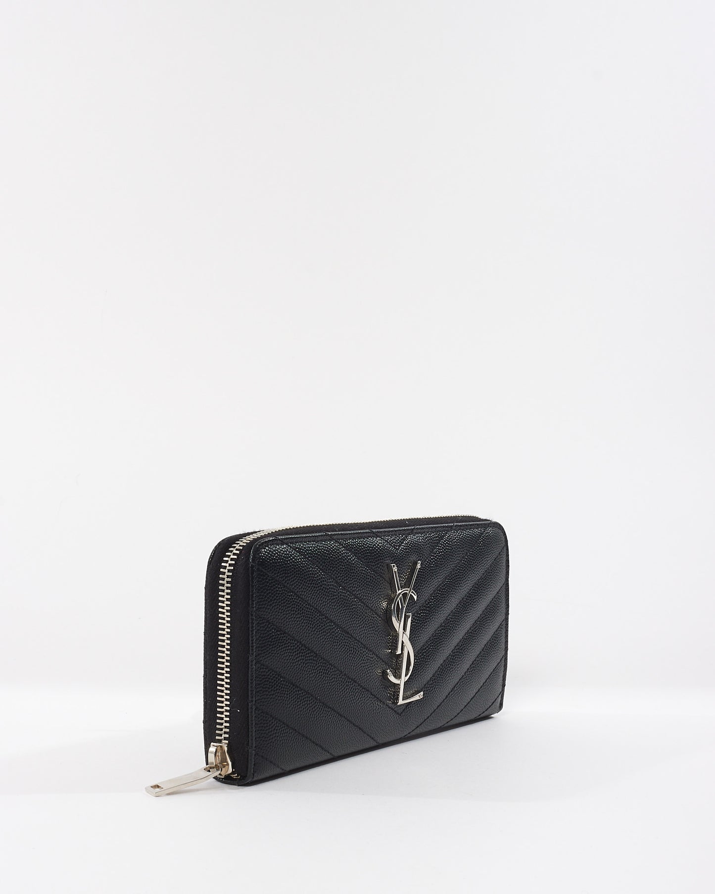 Saint Laurent Black Grain De Poudre  Matelassé Cassandre Logo Zip Around Wallet