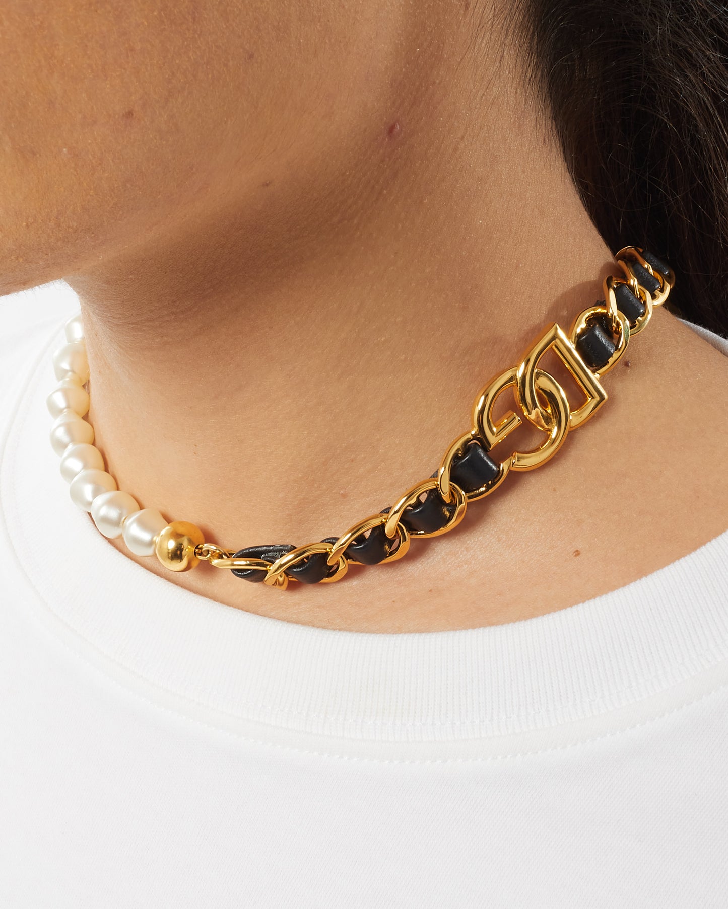 Dolce & Gabbana Gold Leather & Pearl Logo Choker Necklace