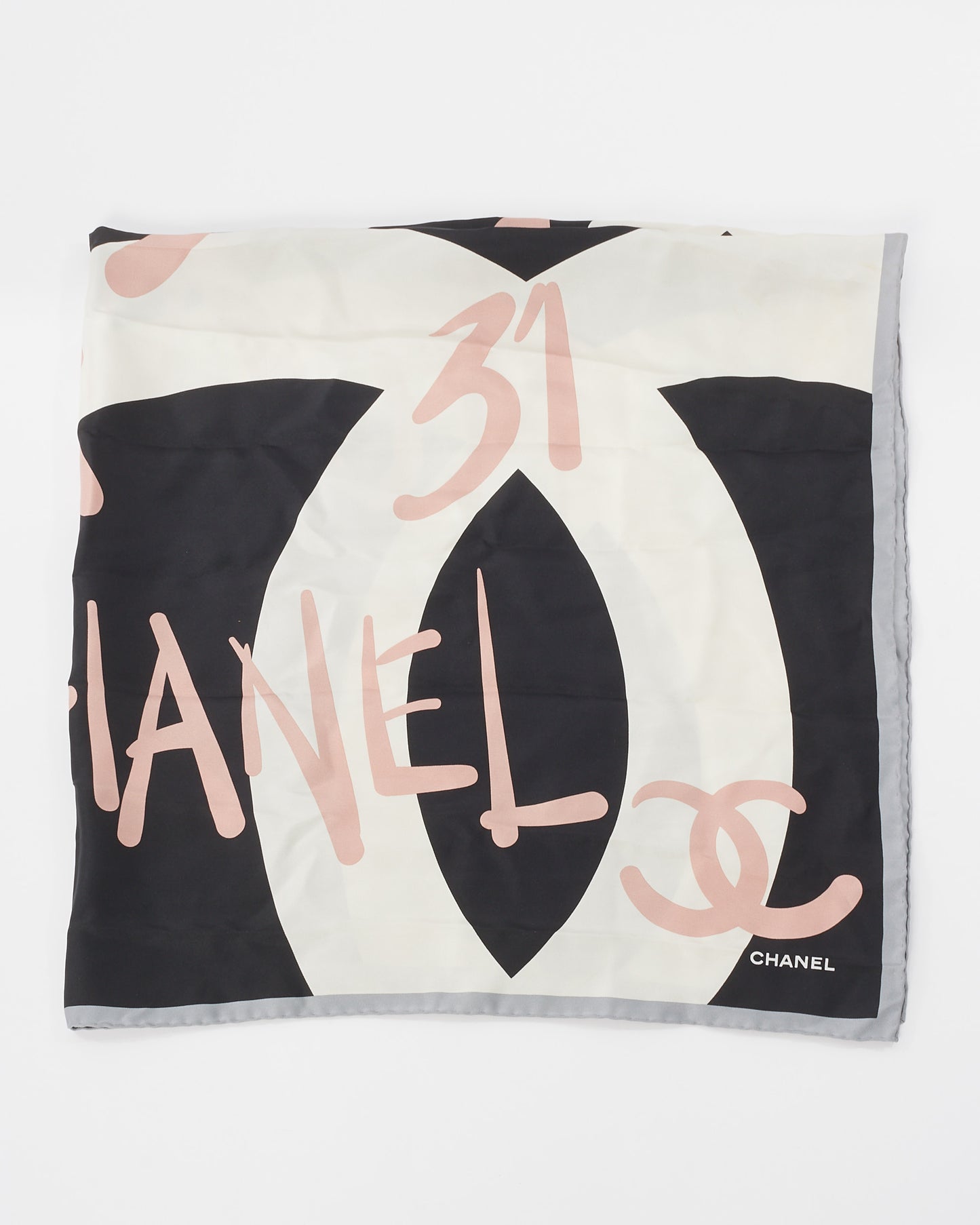 Chanel White Pink & Black Silk CC Logo Square Scarf