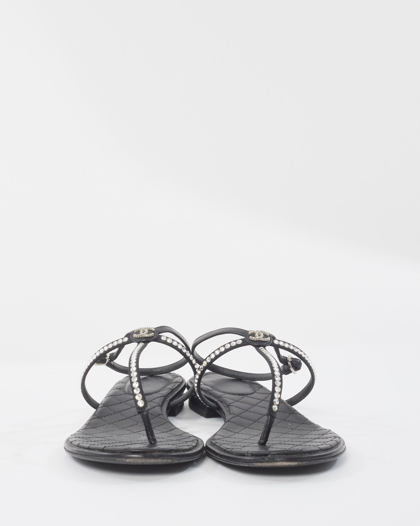 Chanel Black & Rhinestone Logo Thong Strappy Sandals - 40