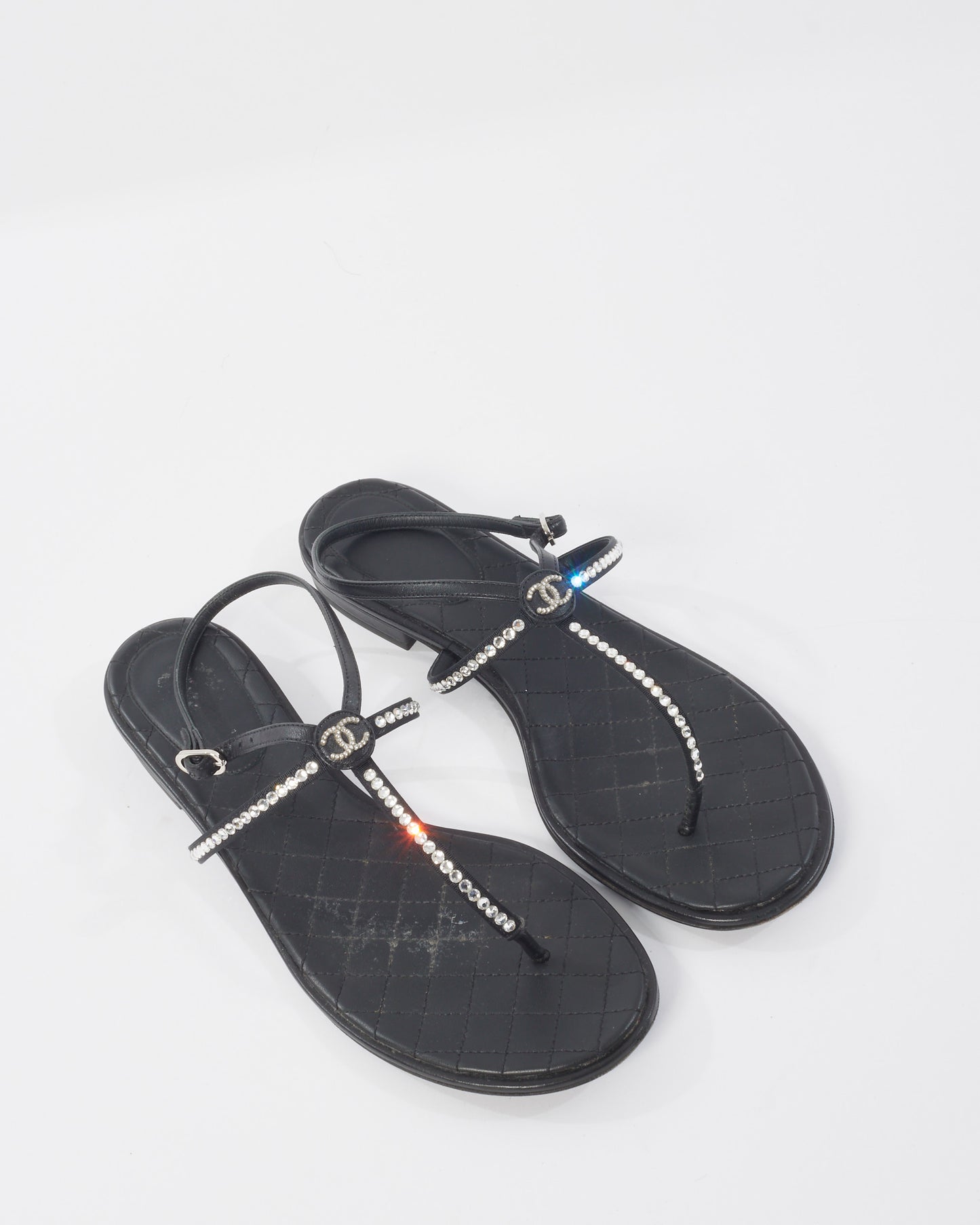 Chanel Black & Rhinestone Logo Thong Strappy Sandals - 40