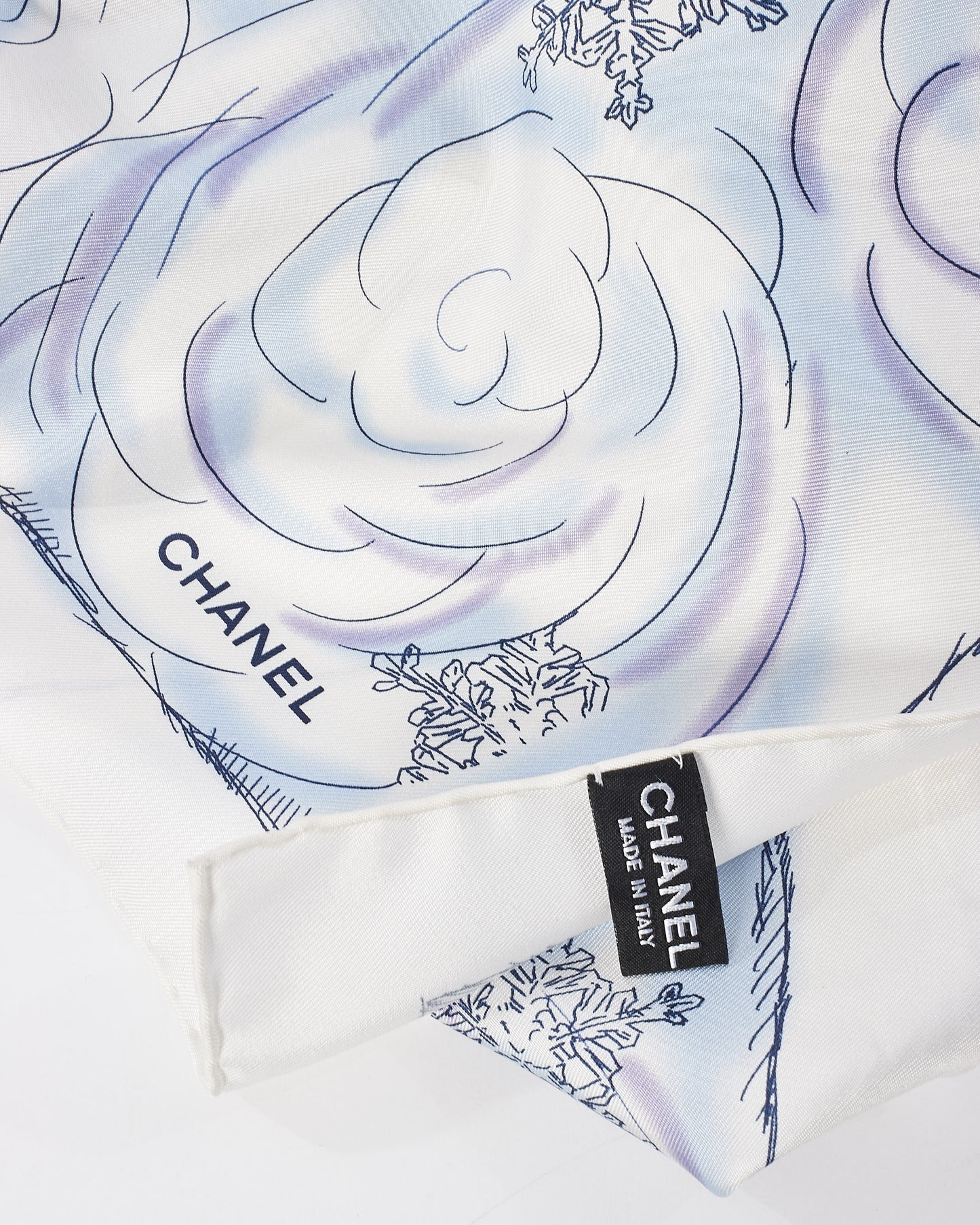 Chanel White & Blue Polar Bear Camellia Logo Silk Scarf