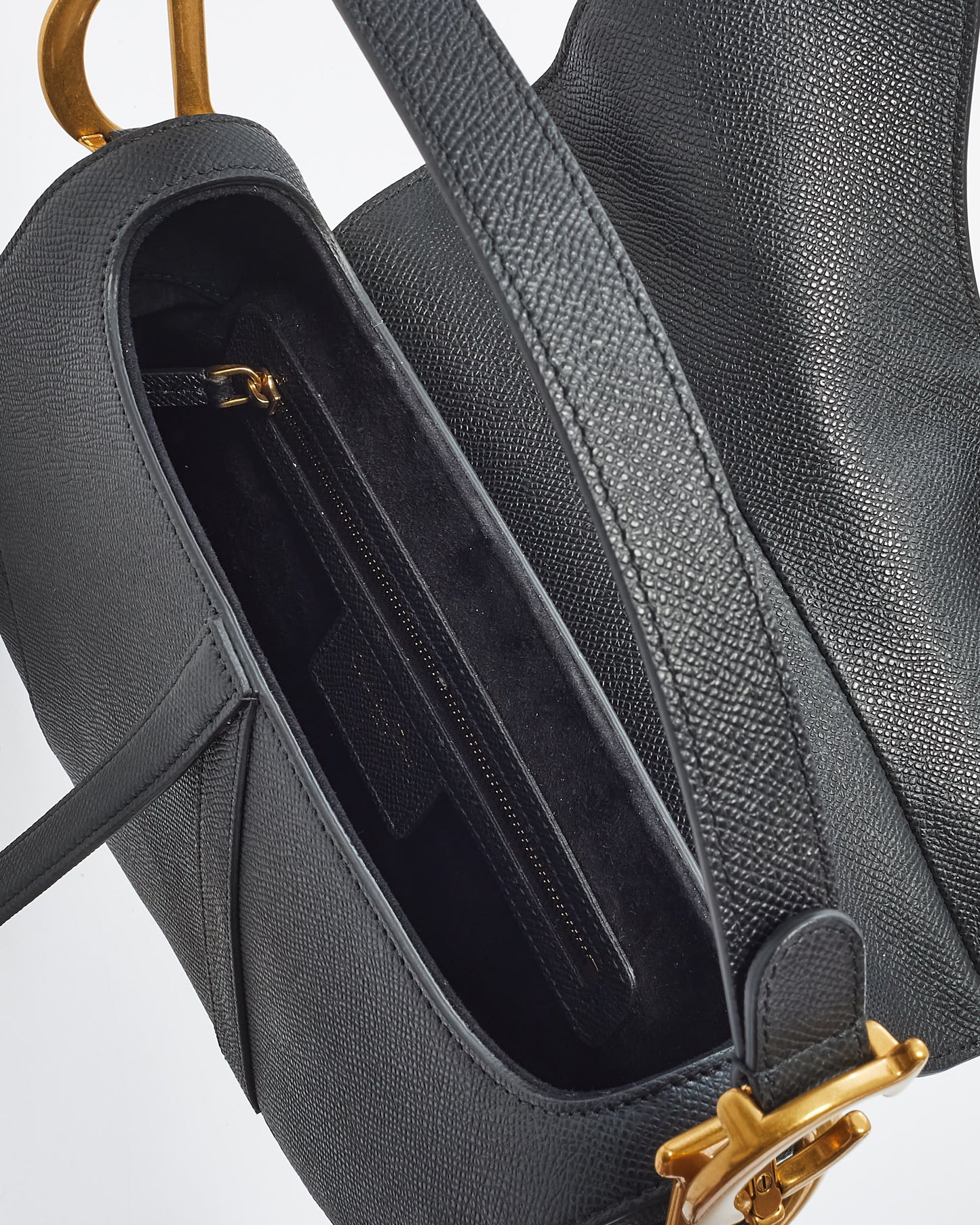 Dior Black Grained Calfskin Leather GHW Saddle Bag W/ Strap