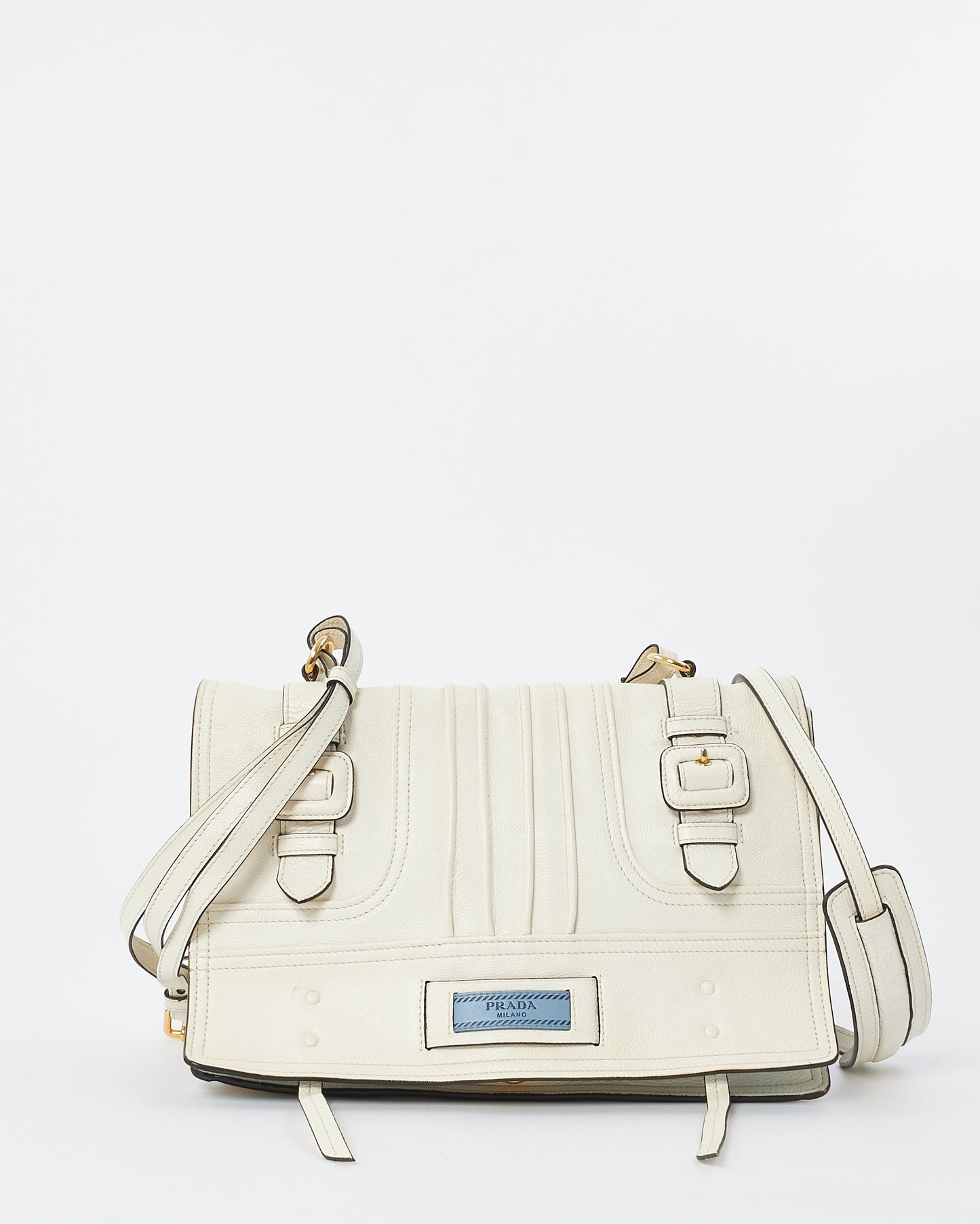 Prada White Leather Medium Etiquette Patch Buckle Shoulder Bag