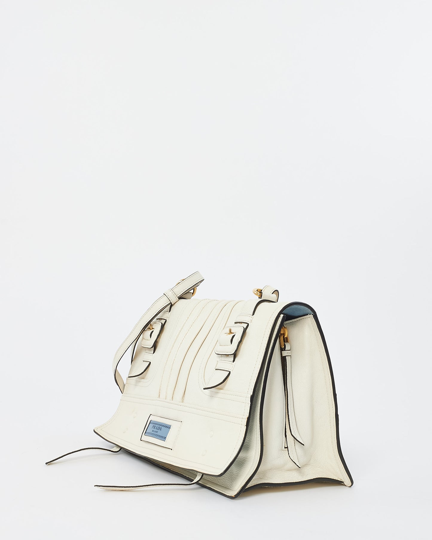 Prada White Leather Medium Etiquette Patch Buckle Shoulder Bag