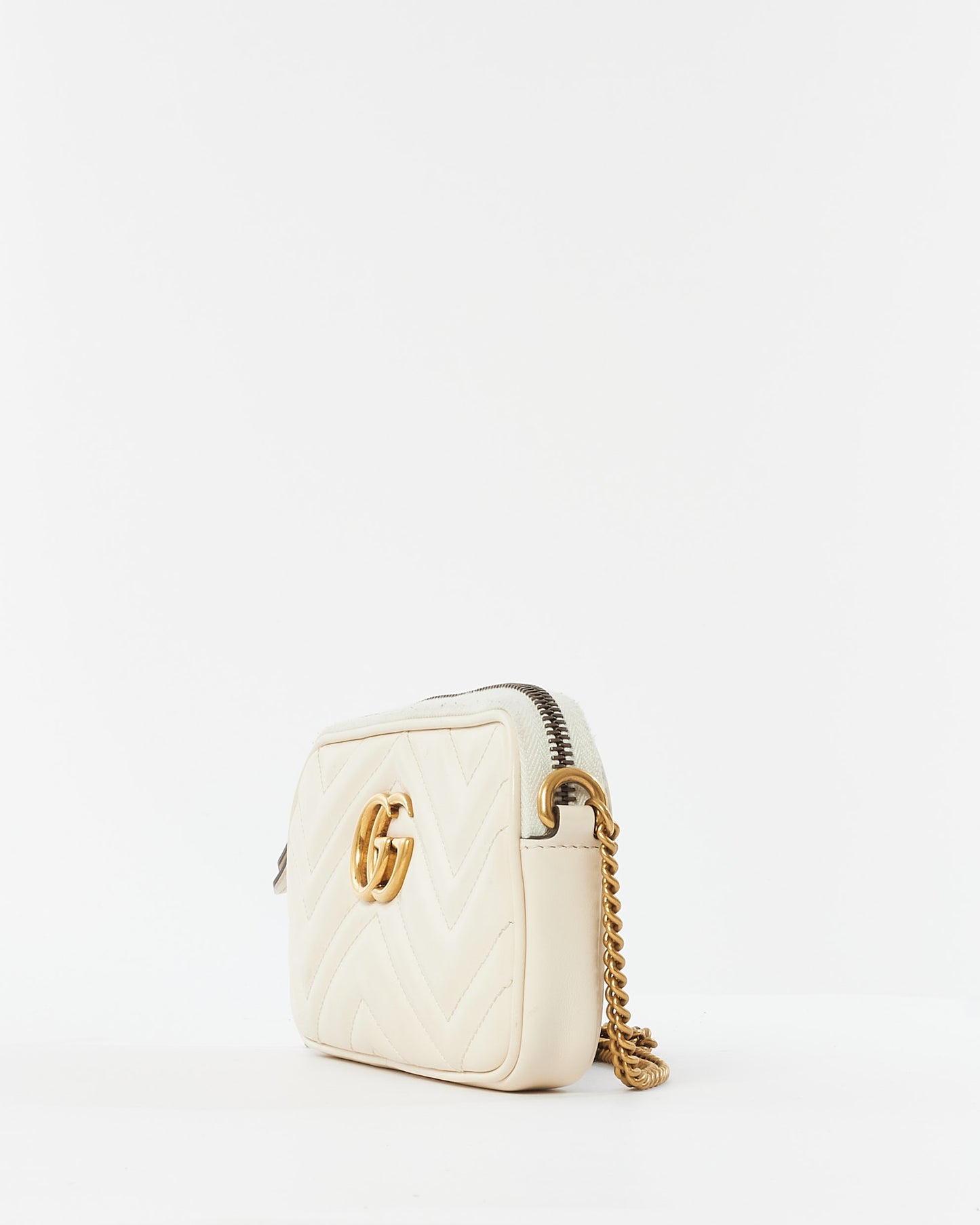 Gucci White Leather GG Marmont Mini Flat Crossbody Bag