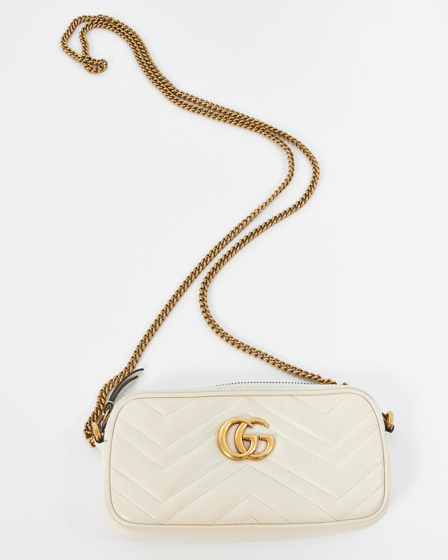 Gucci White Leather GG Marmont Mini Flat Crossbody Bag