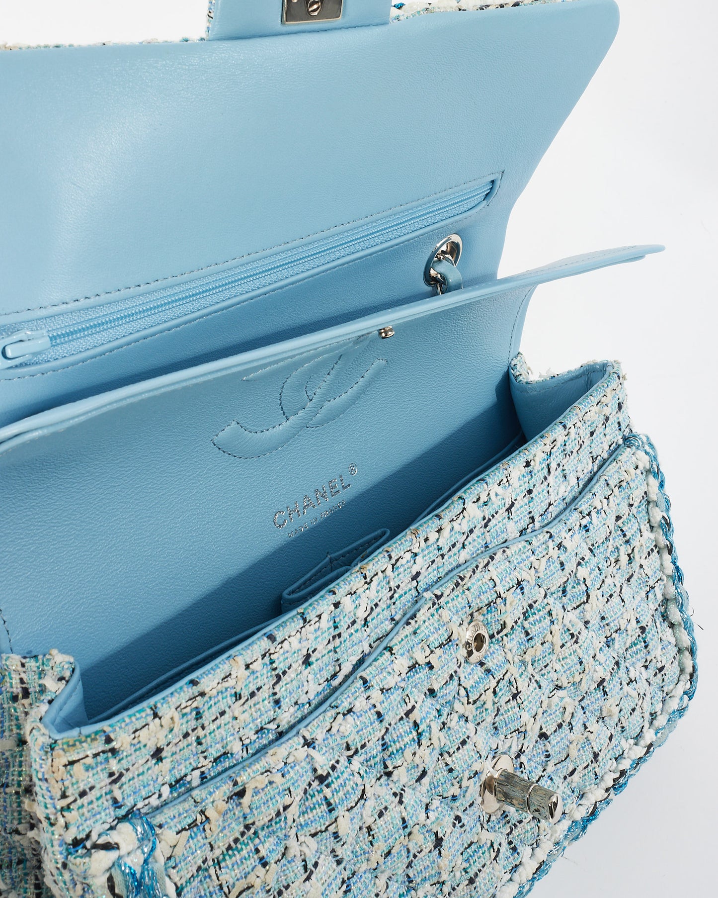 Chanel Blue & White Tweed Cruise 2019 Medium Classic Flap Bag