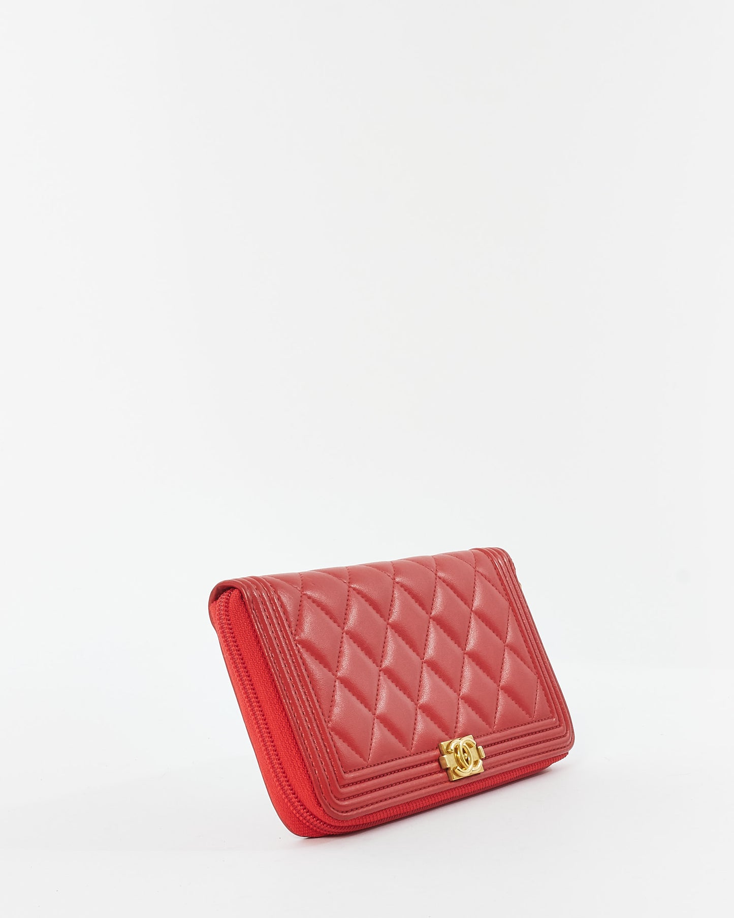 Chanel Red Lambskin Leather Boy Long Zip Around Wallet