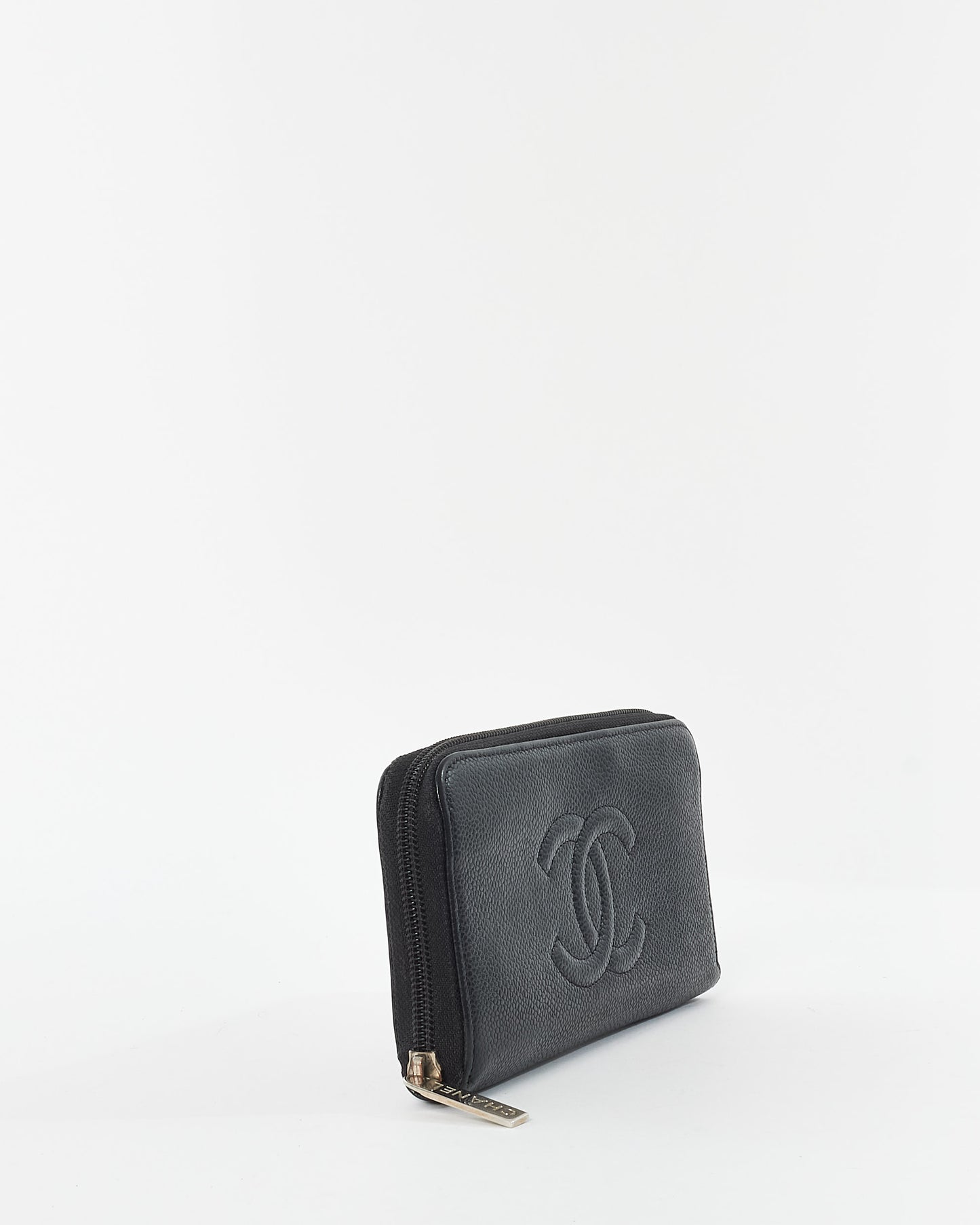 Chanel Black Caviar Leather Embossed Logo Long Zip Wallet