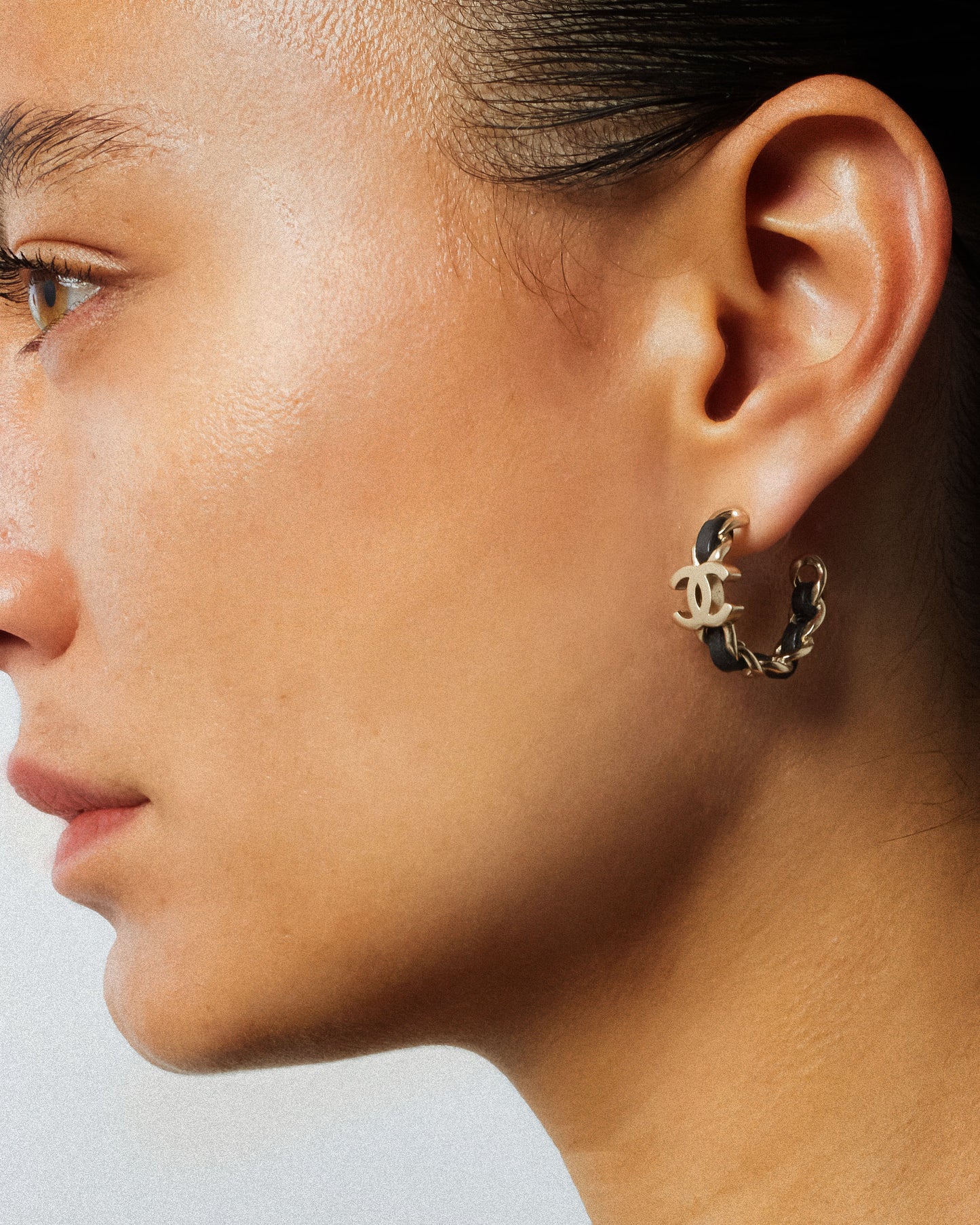 Chanel Leather & Chain Intertwined Silver Hoop Earrings