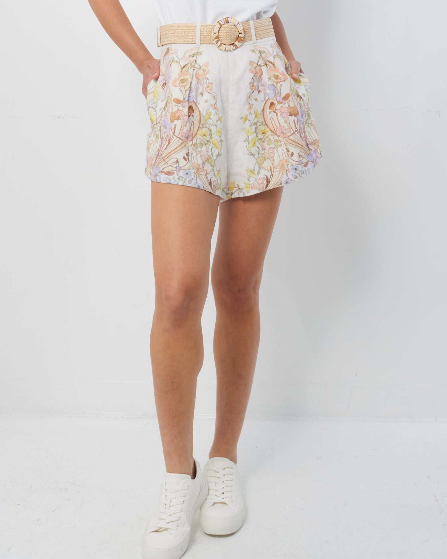 Zimmermann Beige Linen Belted Multi Floral Shorts - 1