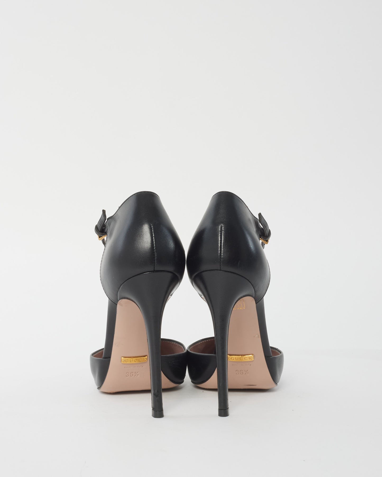 Gucci Black Leather & Gold Stud Ankle Strap Pumps - 36.5