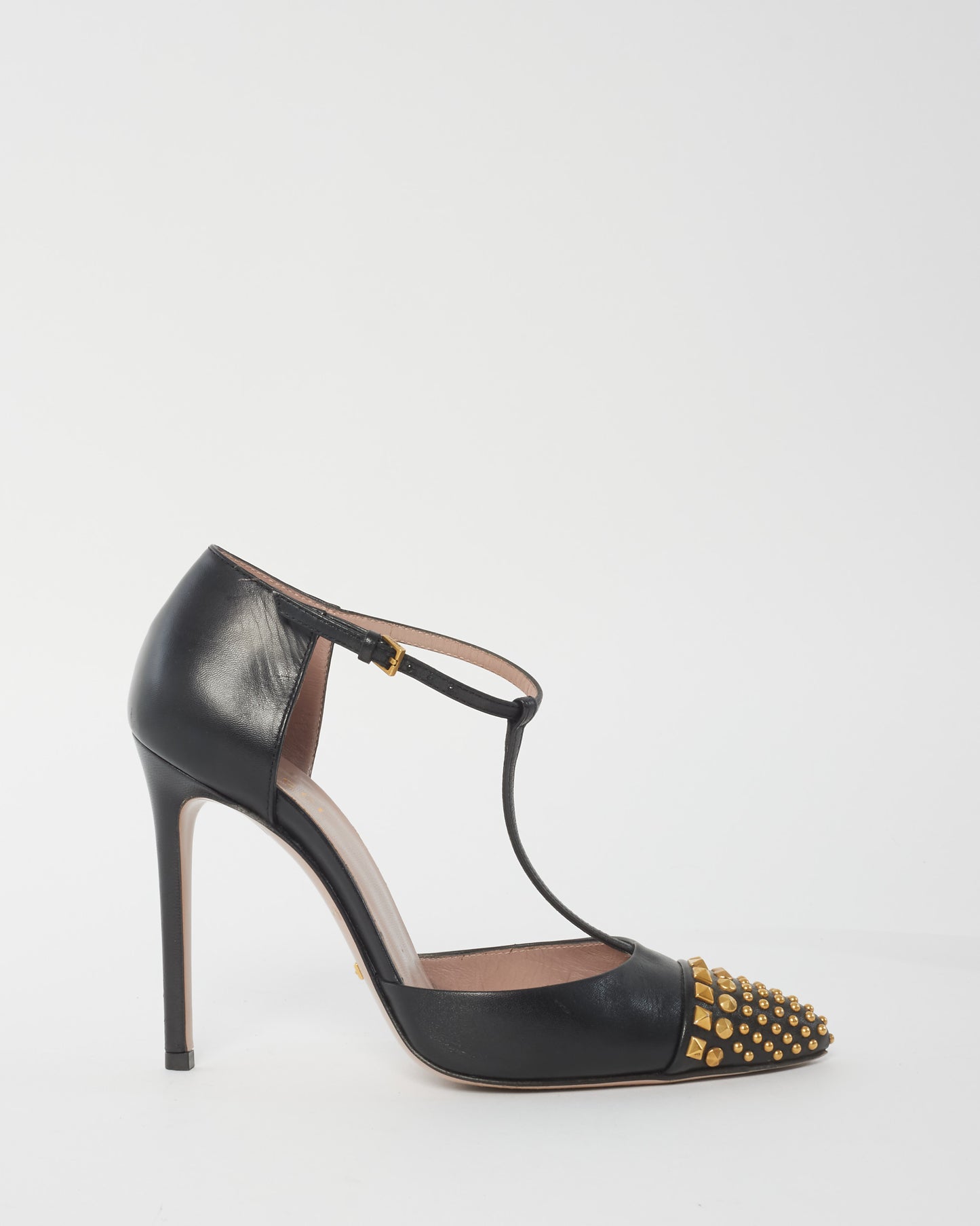 Gucci Black Leather & Gold Stud Ankle Strap Pumps - 36.5