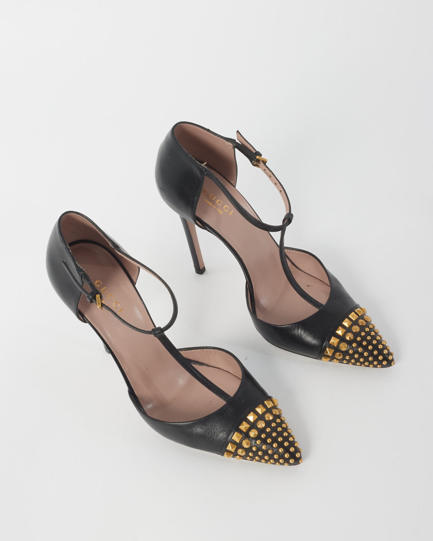 Gucci Black Leather & Gold Stud Ankle Strap Pumps - 36.5