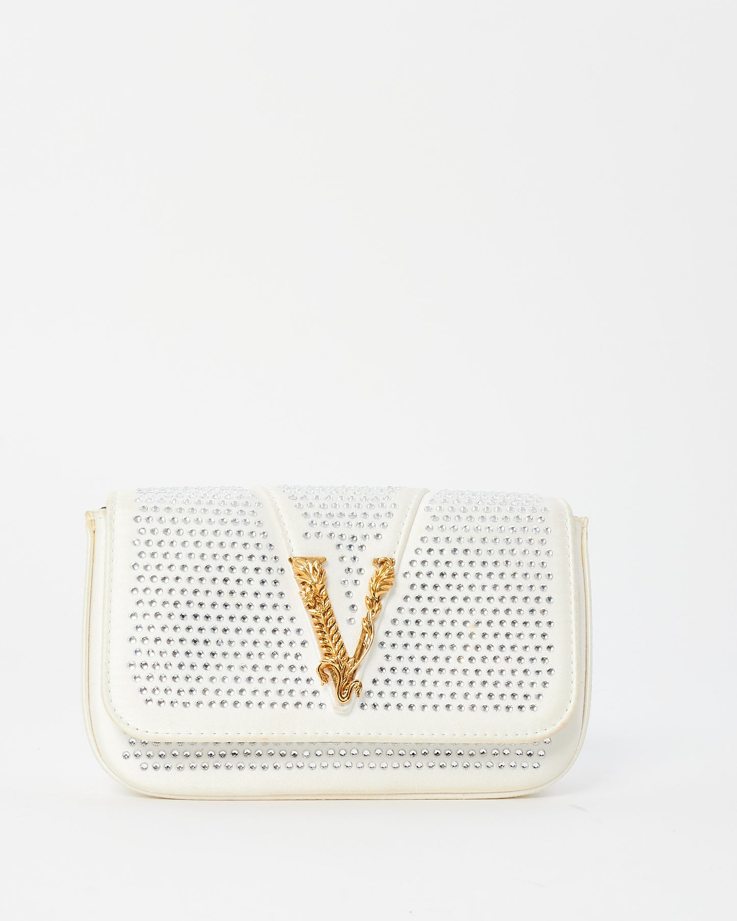 Versace White Satin Rhinestone Virtus Crossbody Bag