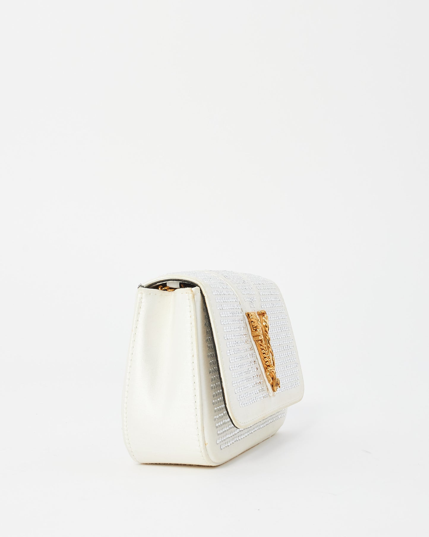 Versace White Satin Rhinestone Virtus Crossbody Bag