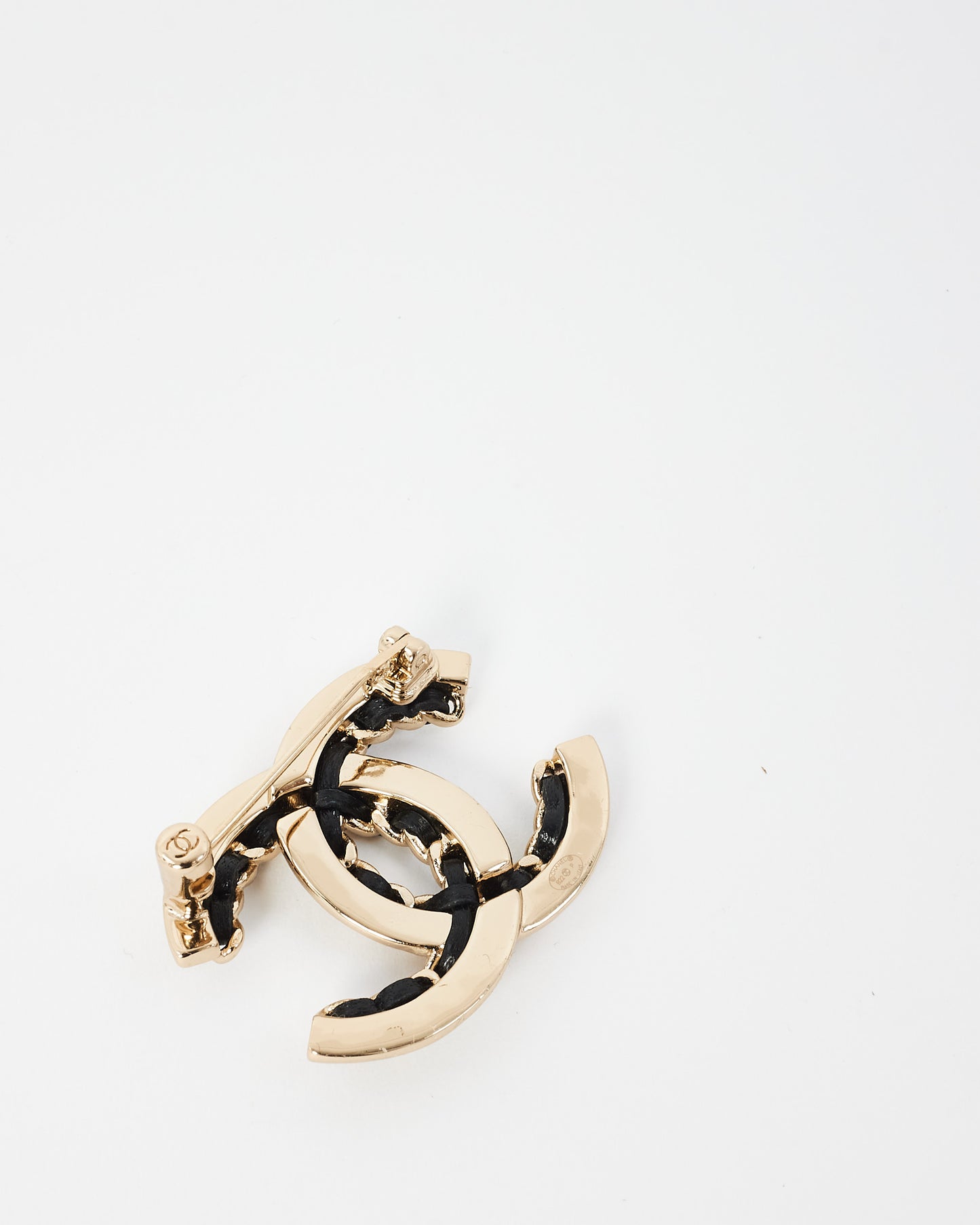 Chanel Champagne Metal and Black Leather CC Brooch