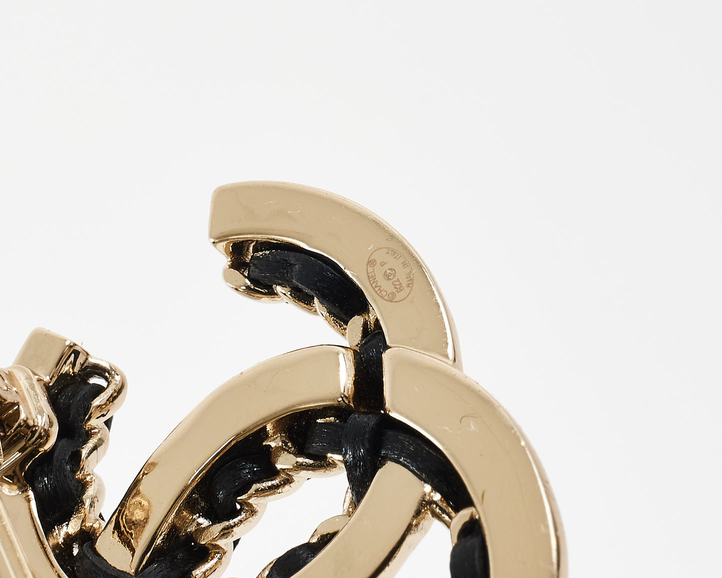Chanel Champagne Metal and Black Leather CC Brooch