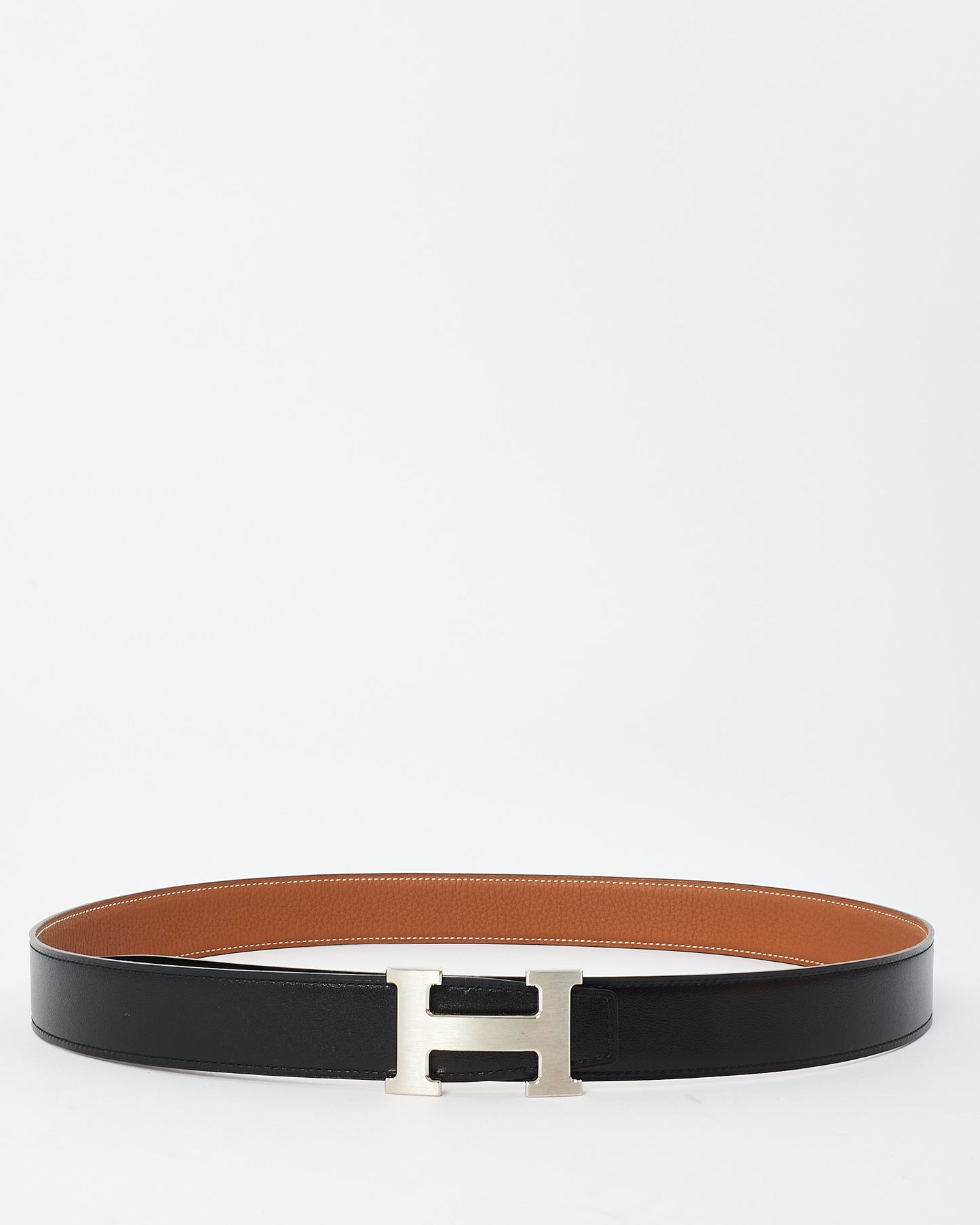 Hermes Gold/Black Clemence & Swift Leather Reversible Palladium H Logo Belt - 100