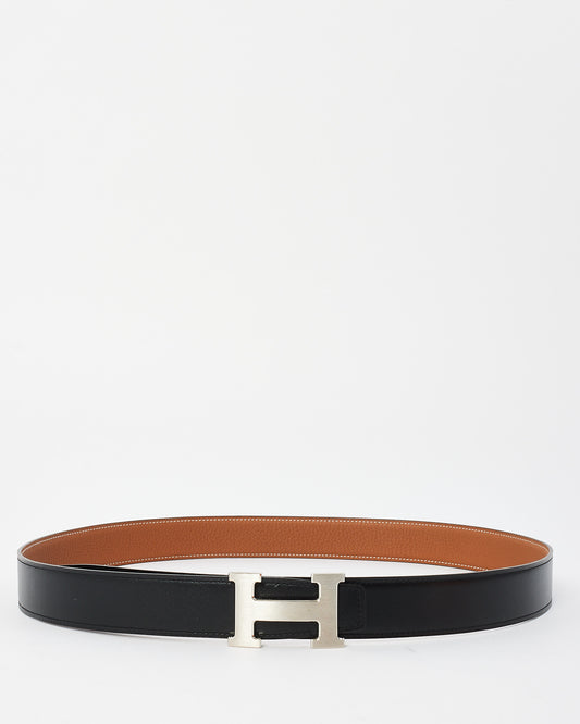 Hermes Gold/Black Clemence & Swift Leather Reversible Palladium H Logo Belt - 100