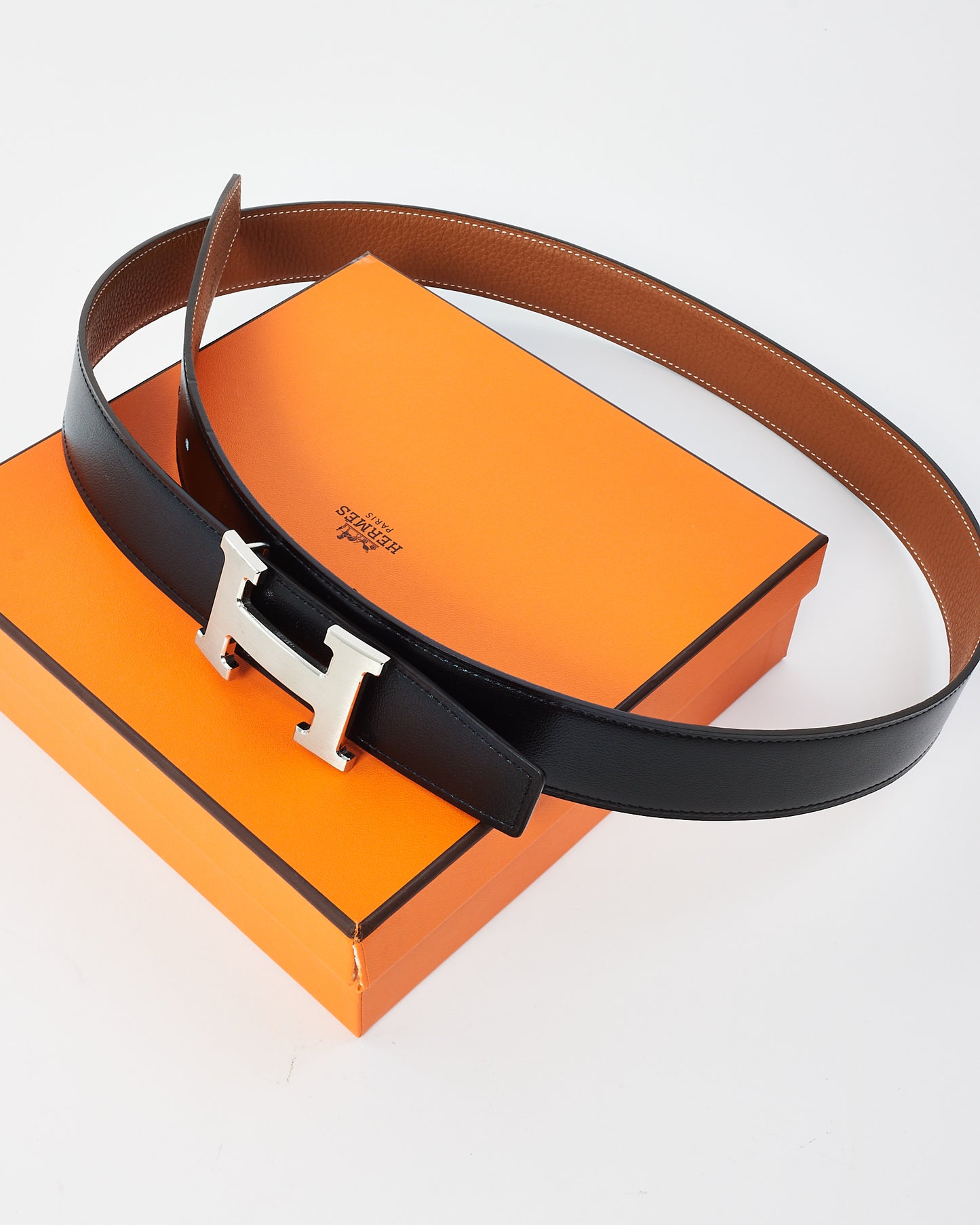 Hermes Gold/Black Clemence & Swift Leather Reversible Palladium H Logo Belt - 100