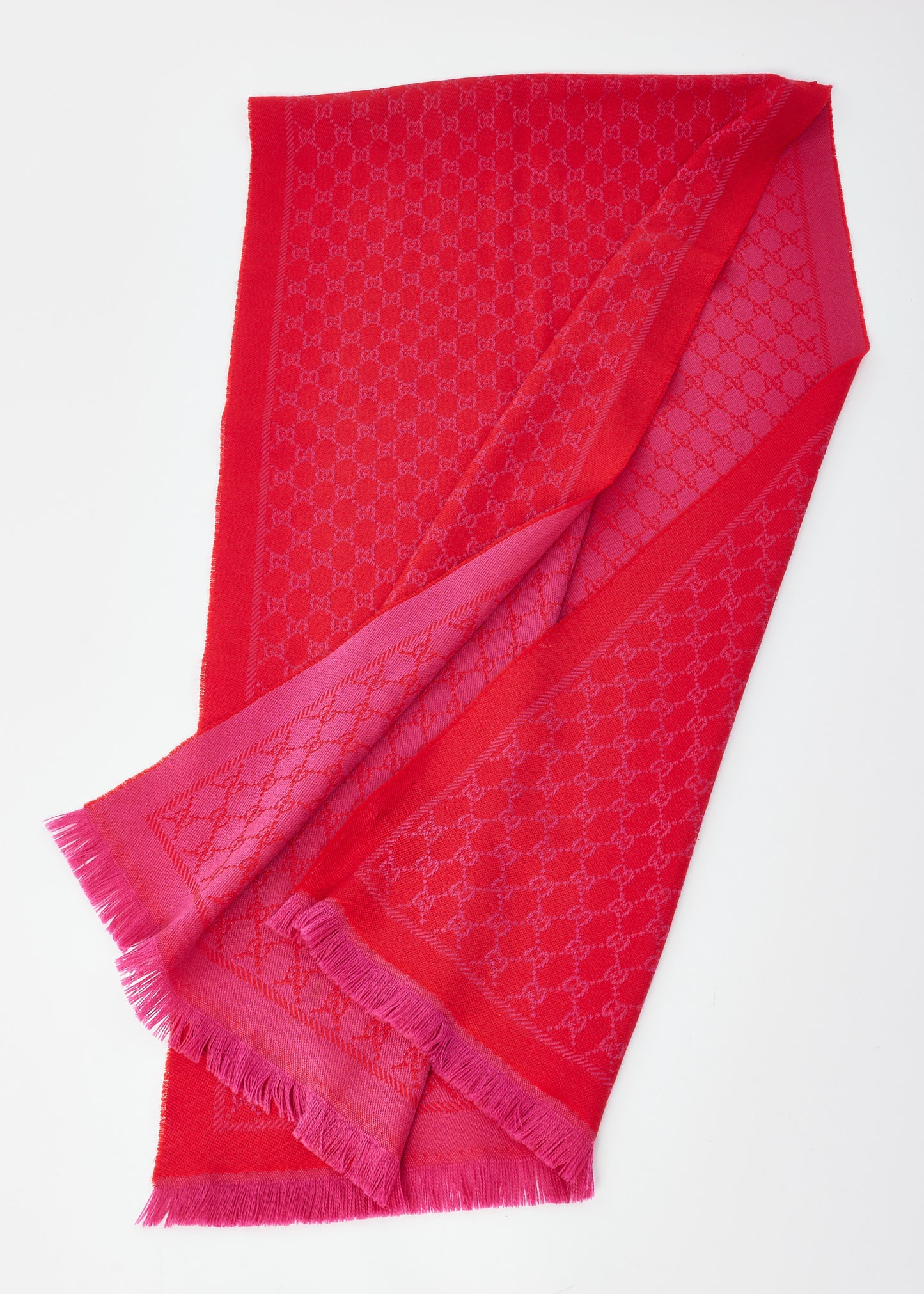 Gucci Pink/Red GG Monogram Logo Wool Scarf