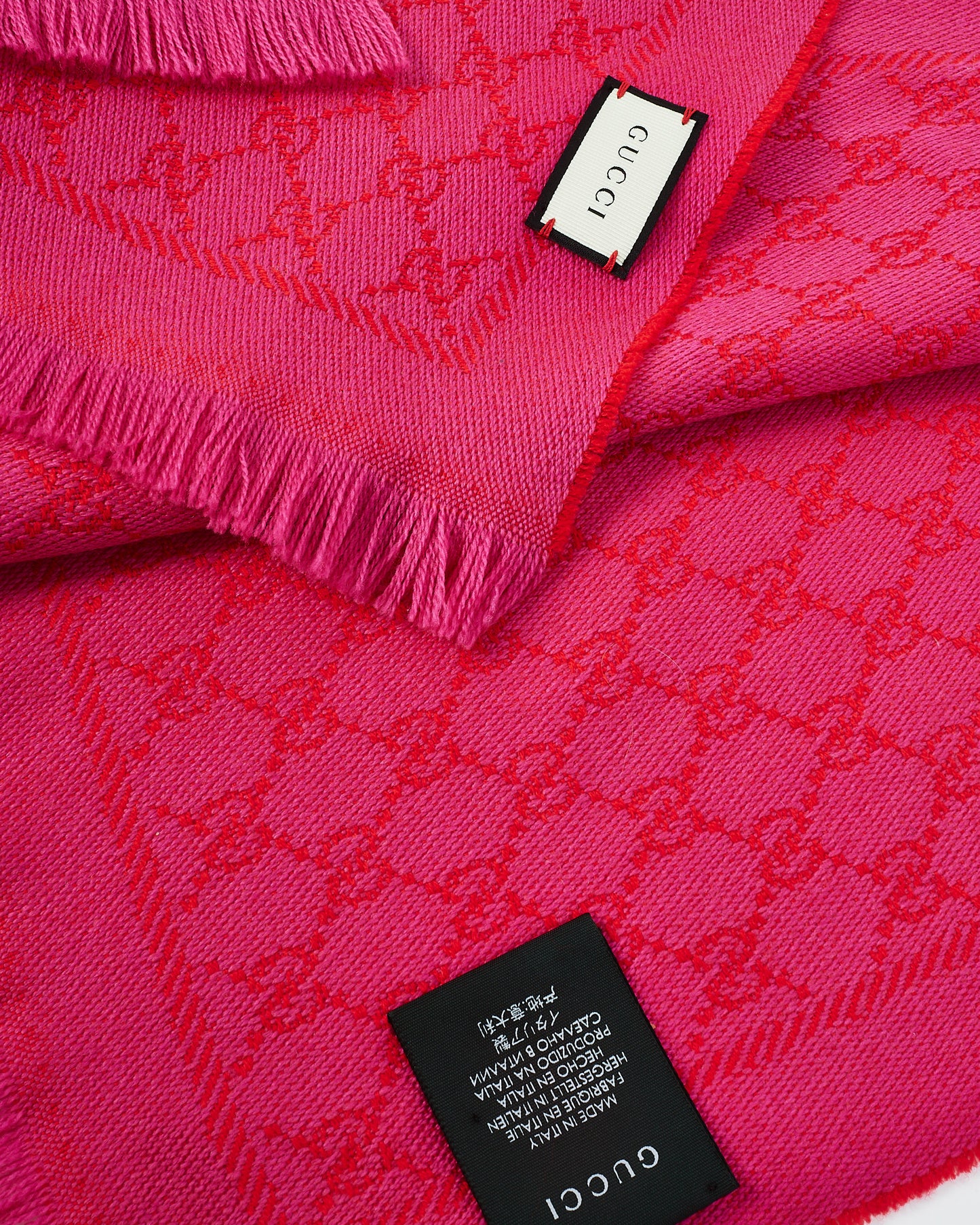 Gucci Pink/Red GG Monogram Logo Wool Scarf