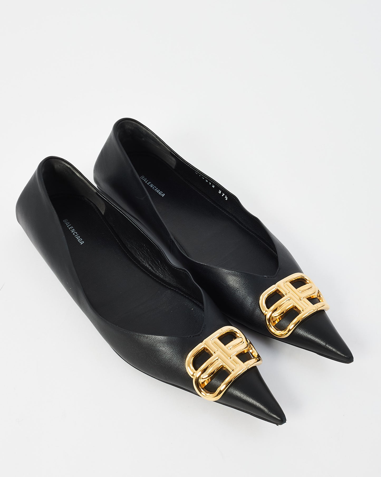 Balenciaga Black Leather Square Knife Gold Logo Flats - 37.5