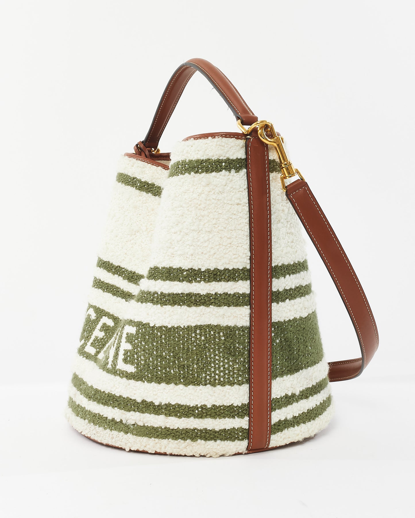 Celine Green & White Striped Tweed and Leather Logo Bucket Seau 16 Bag