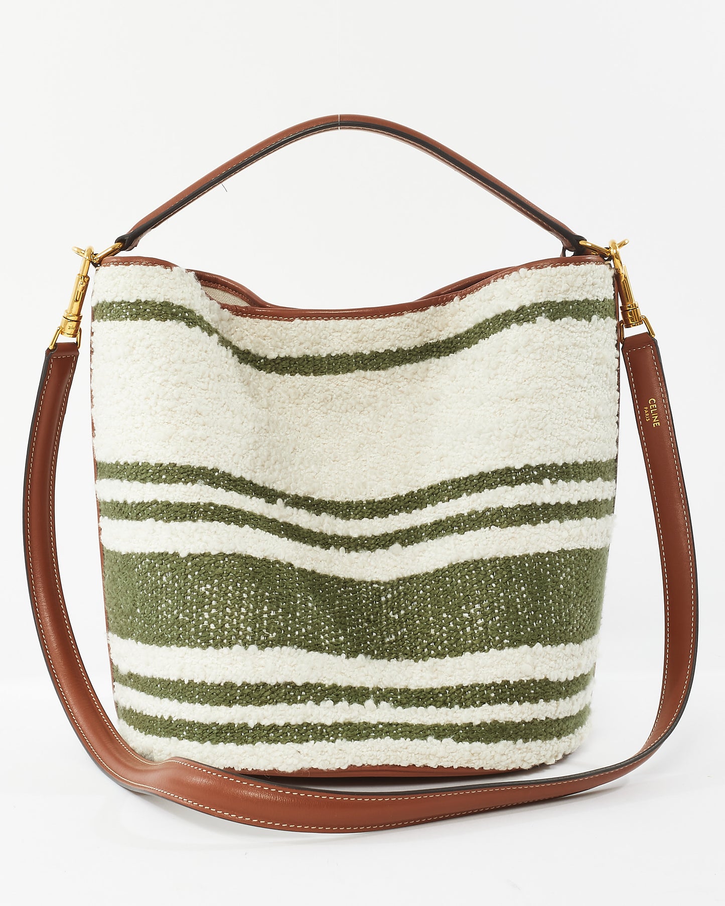 Celine Green & White Striped Tweed and Leather Logo Bucket Seau 16 Bag