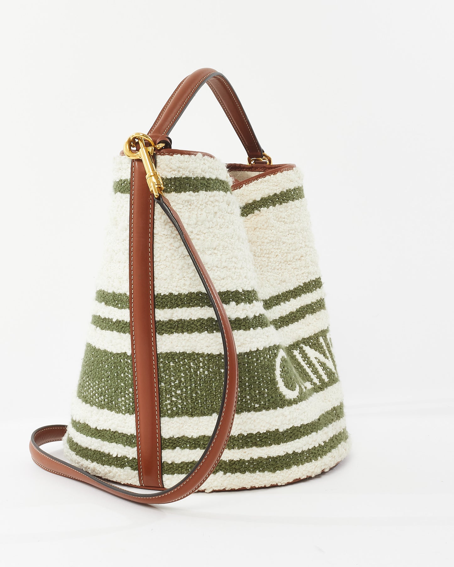 Celine Green & White Striped Tweed and Leather Logo Bucket Seau 16 Bag