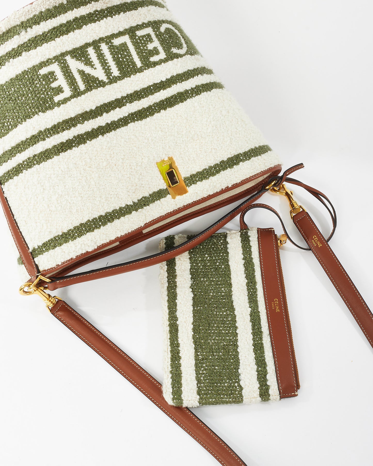 Celine Green & White Striped Tweed and Leather Logo Bucket Seau 16 Bag