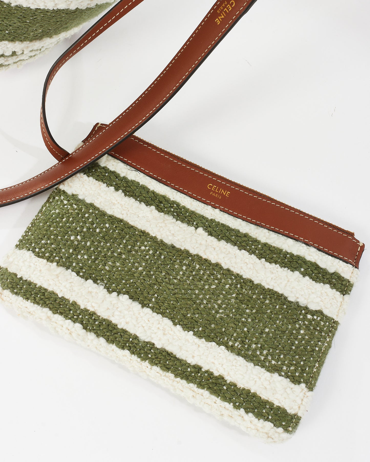 Celine Green & White Striped Tweed and Leather Logo Bucket Seau 16 Bag